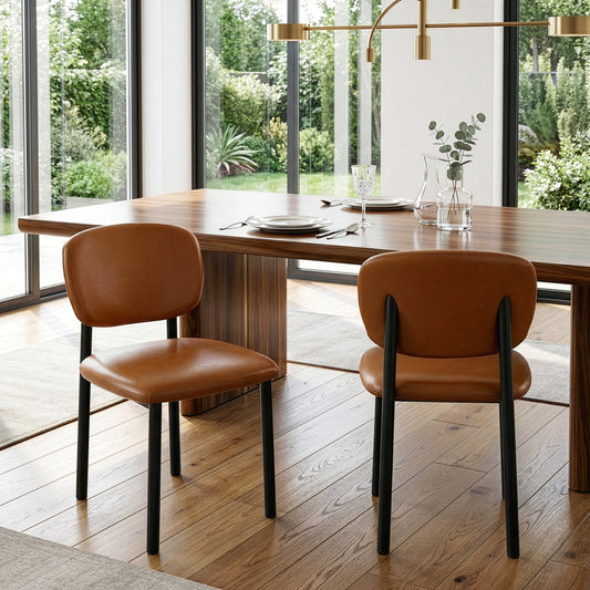 Set of 2 Berdine Light Brown Faux Leather Upholstered Dining Chair with Black Iron Legs