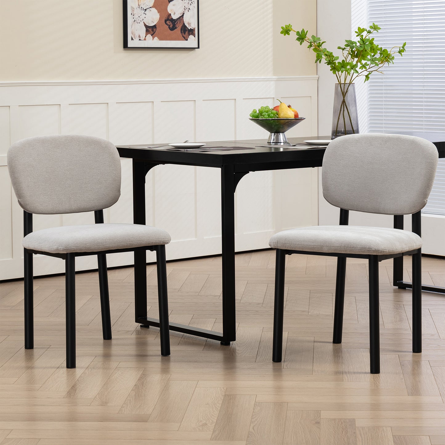 Set of 2 Beren Beige Upholsterd Fabric Dining Chair with Iron Legs