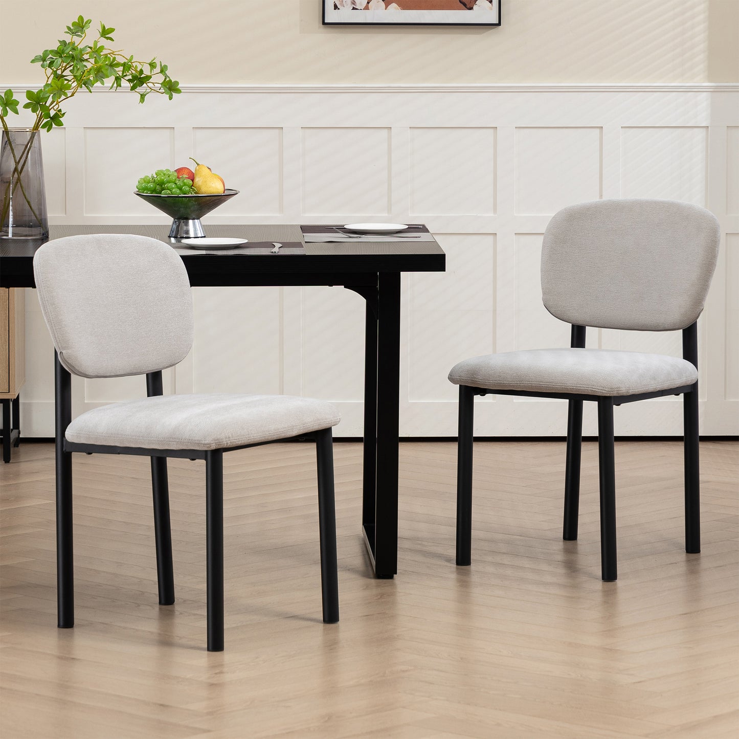 Set of 2 Beren Beige Upholsterd Fabric Dining Chair with Iron Legs