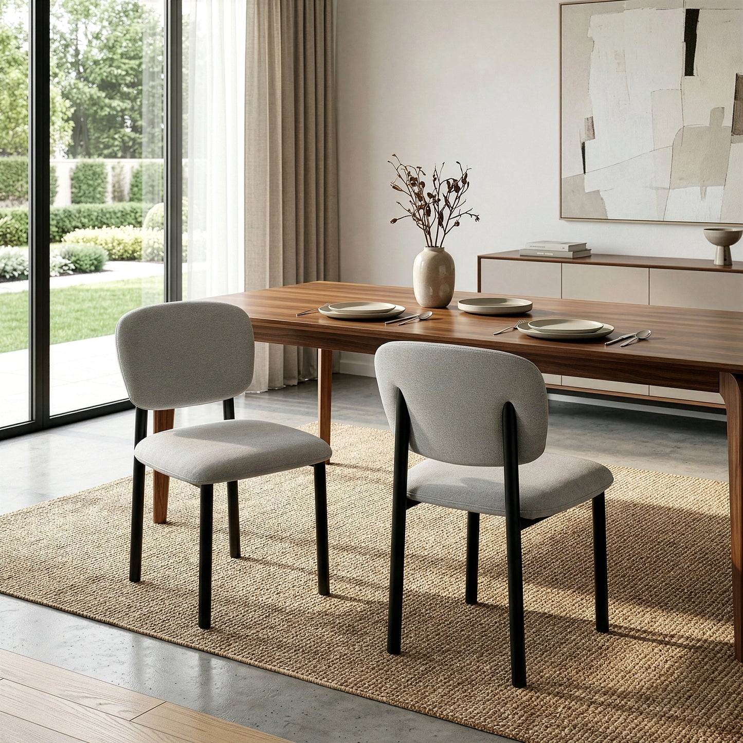 Set of 2 Beren Beige Upholsterd Fabric Dining Chair with Iron Legs