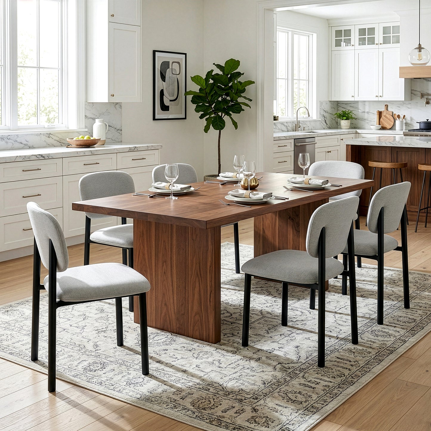 Set of 2 Beren Beige Upholsterd Fabric Dining Chair with Iron Legs