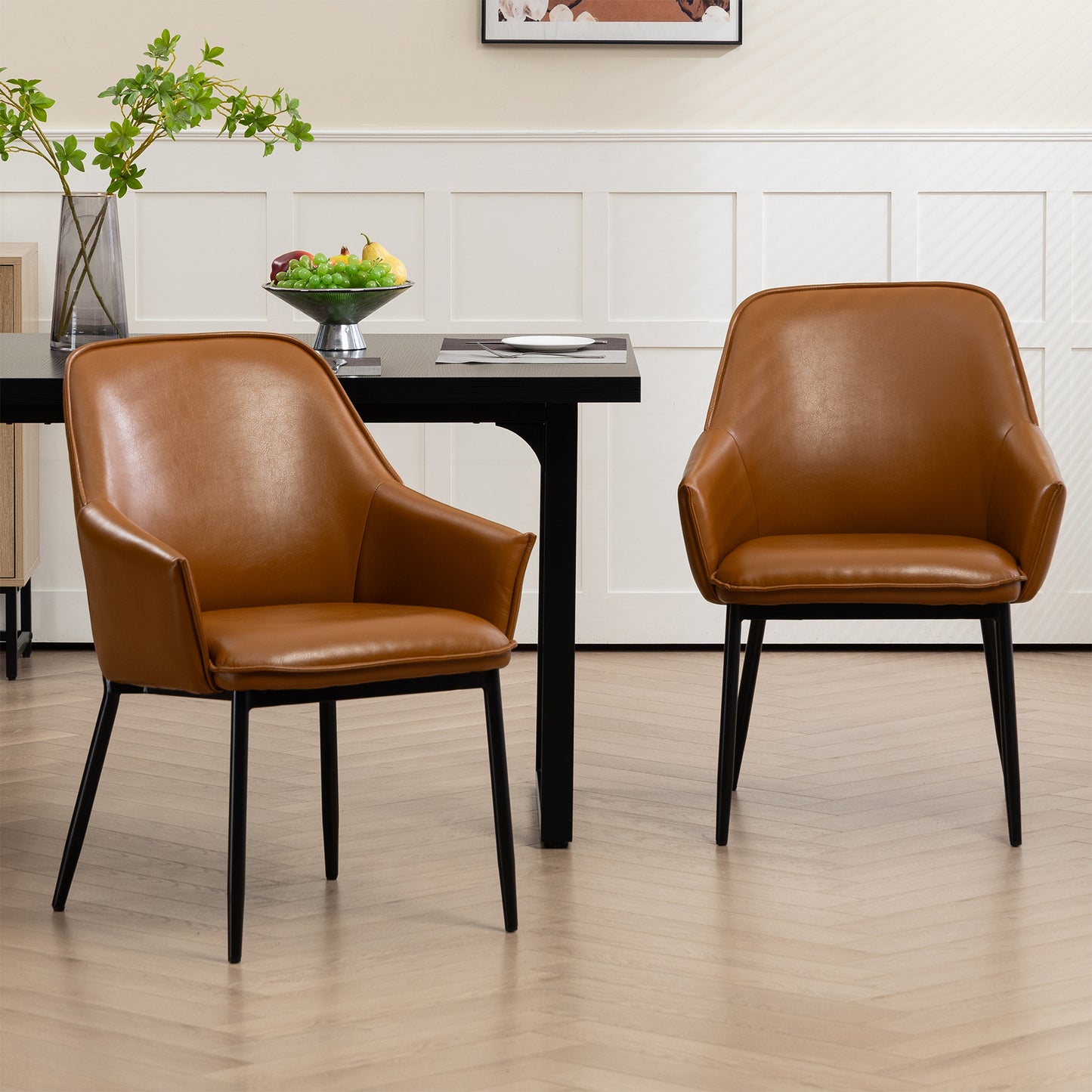 Set of 2 Berenice Light Brown Faux Leather Upholstered Dining Chair with Black Iron Legs