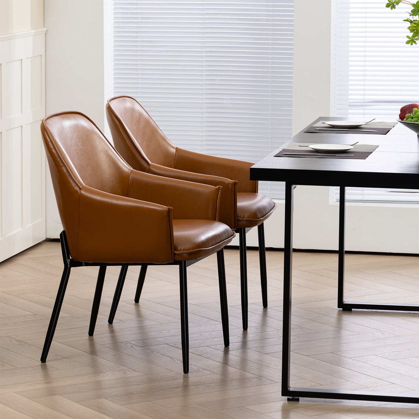 Set of 2 Berenice Light Brown Faux Leather Upholstered Dining Chair with Black Iron Legs