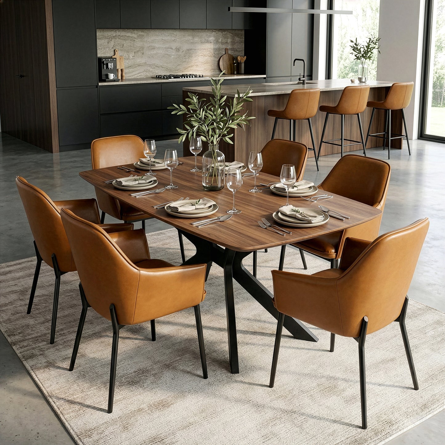 Set of 2 Berenice Light Brown Faux Leather Upholstered Dining Chair with Black Iron Legs
