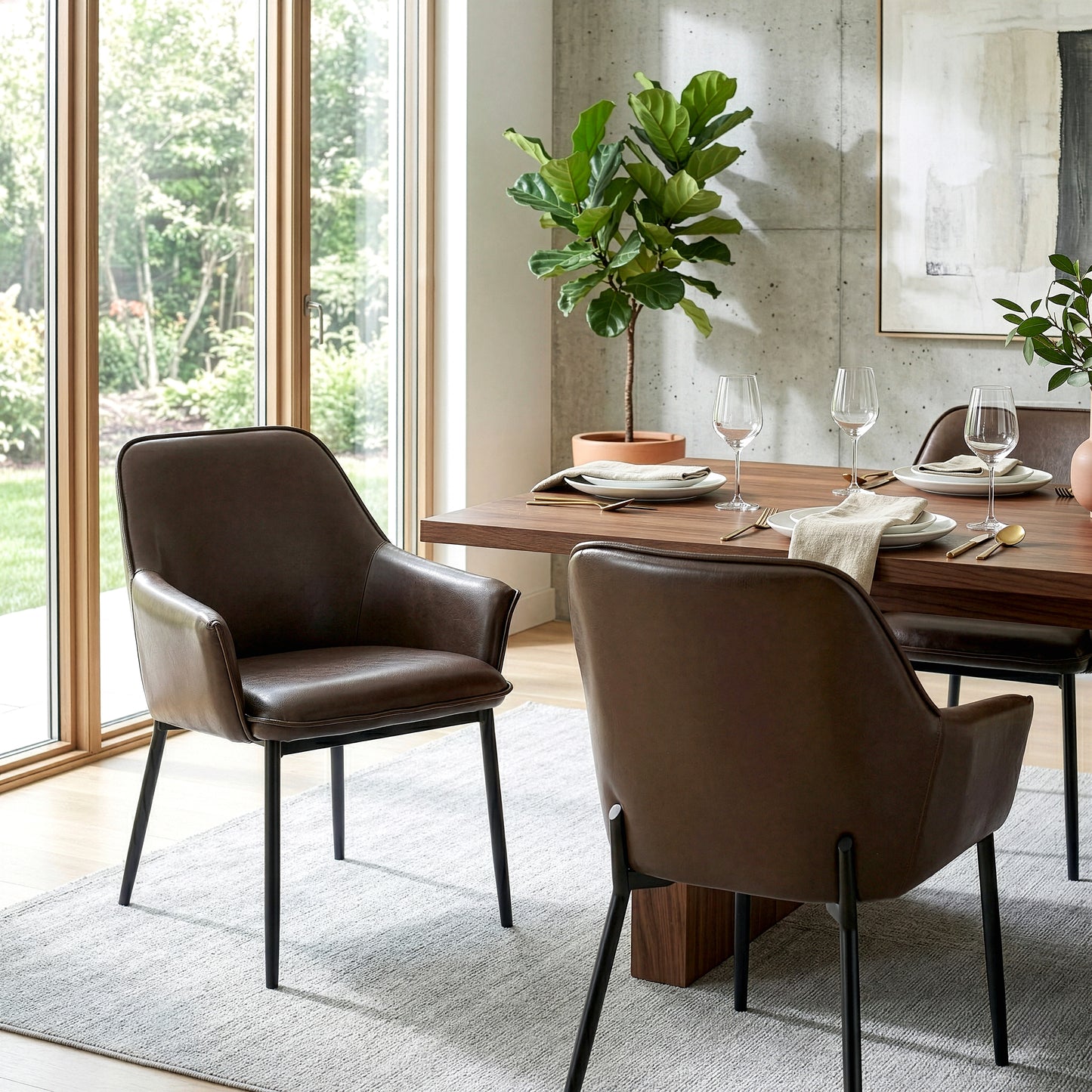Set of 2 Berenice Dark Brown Faux Leather Upholstered Dining Chair with Black Iron Legs