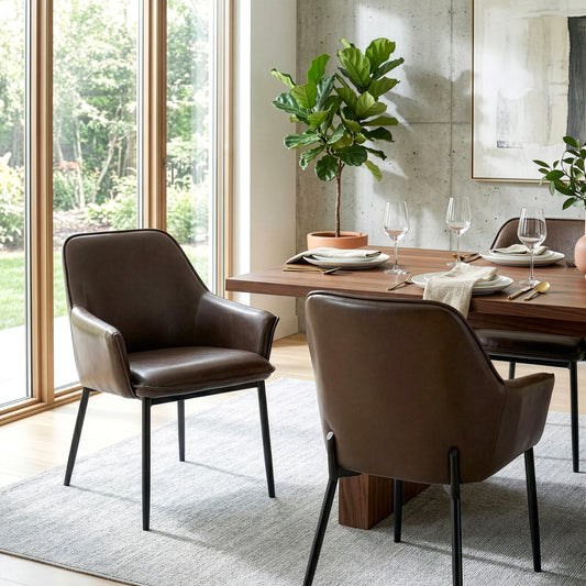 Set of 2 Berenice Dark Brown Faux Leather Upholstered Dining Chair with Black Iron Legs