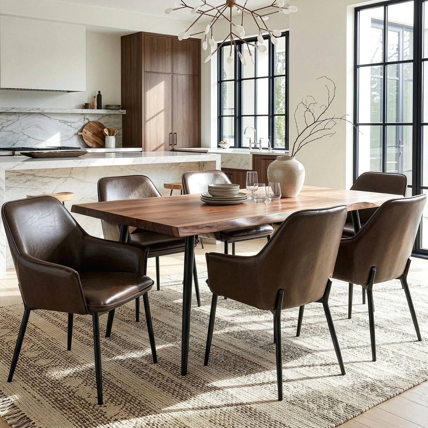Set of 2 Berenice Dark Brown Faux Leather Upholstered Dining Chair with Black Iron Legs