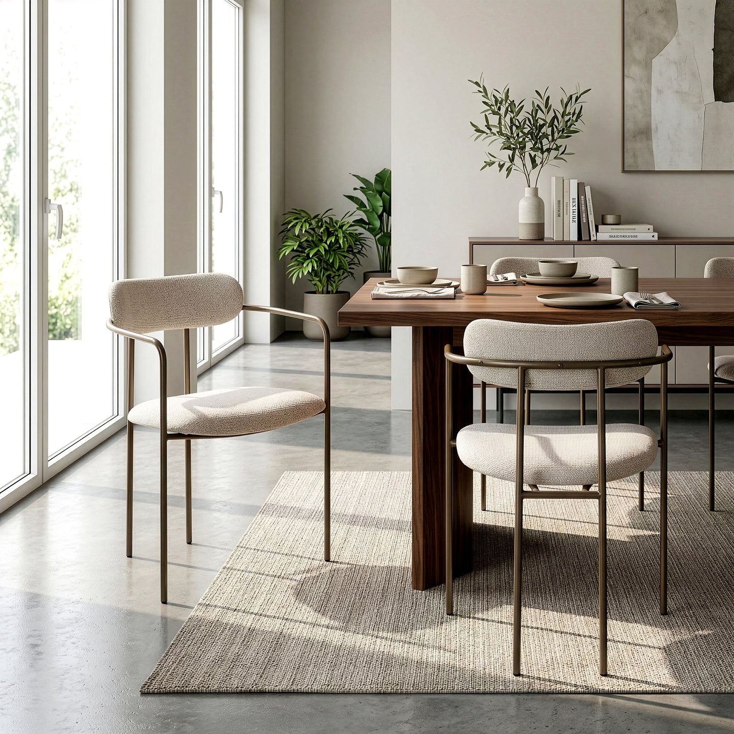 Set of 2 Berker Beige Woven Upholstered Fabric Dining Chair with Brown Iron Arms and Legs