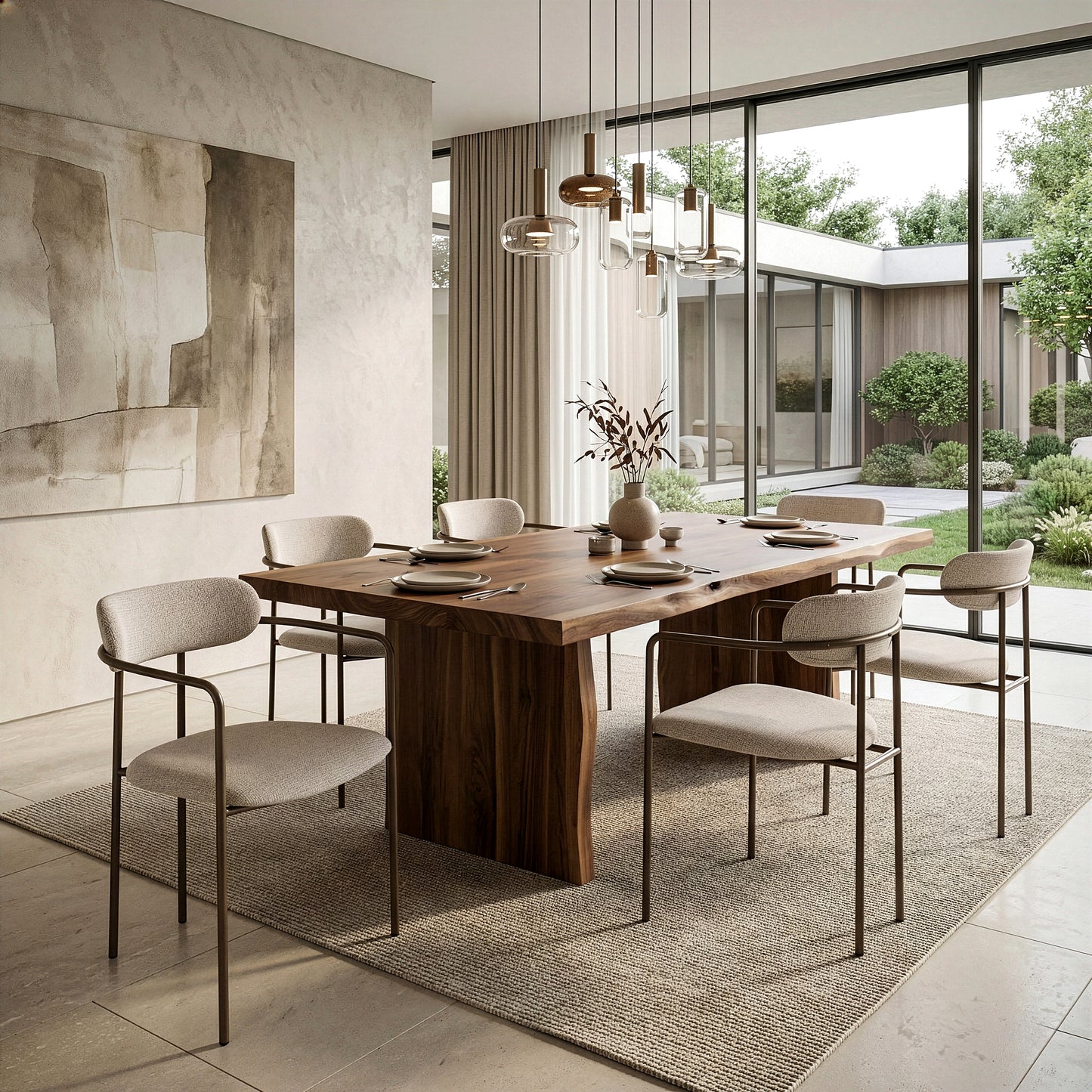 Set of 2 Berker Beige Woven Upholstered Fabric Dining Chair with Brown Iron Arms and Legs