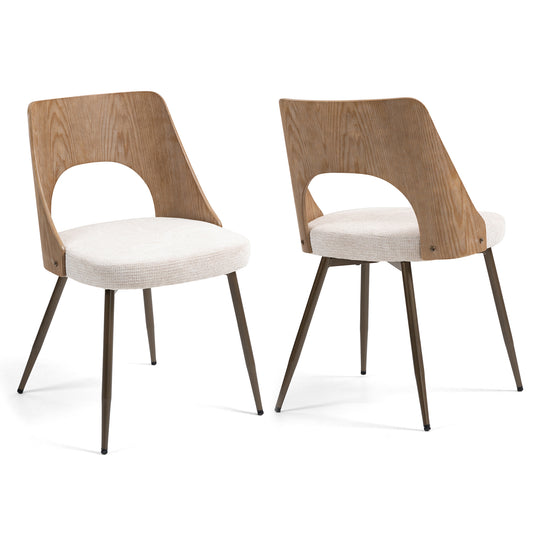 Set of 2 Bernadette Beige Washed Boucle Fabric Dining Chair with Natural Wood Back and Black Iron Legs