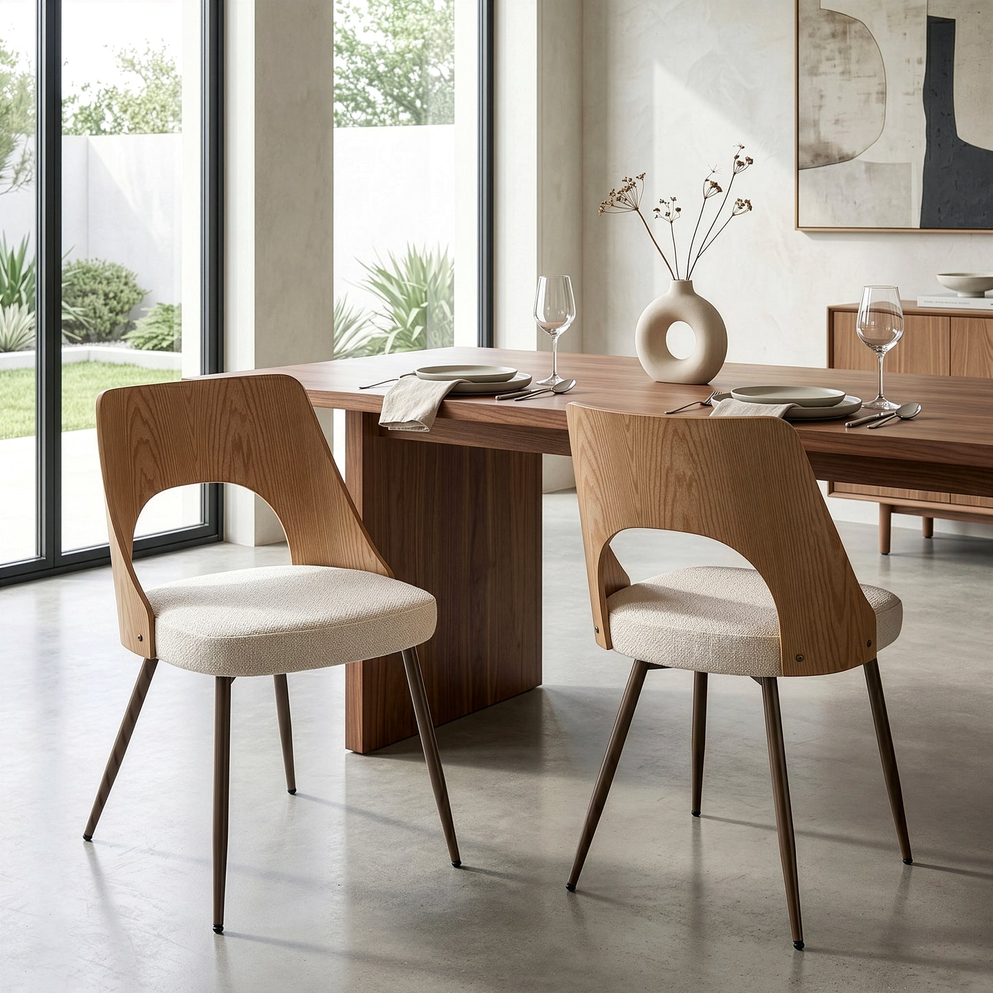 Set of 2 Bernadette Beige Washed Boucle Fabric Dining Chair with Natural Wood Back and Black Iron Legs