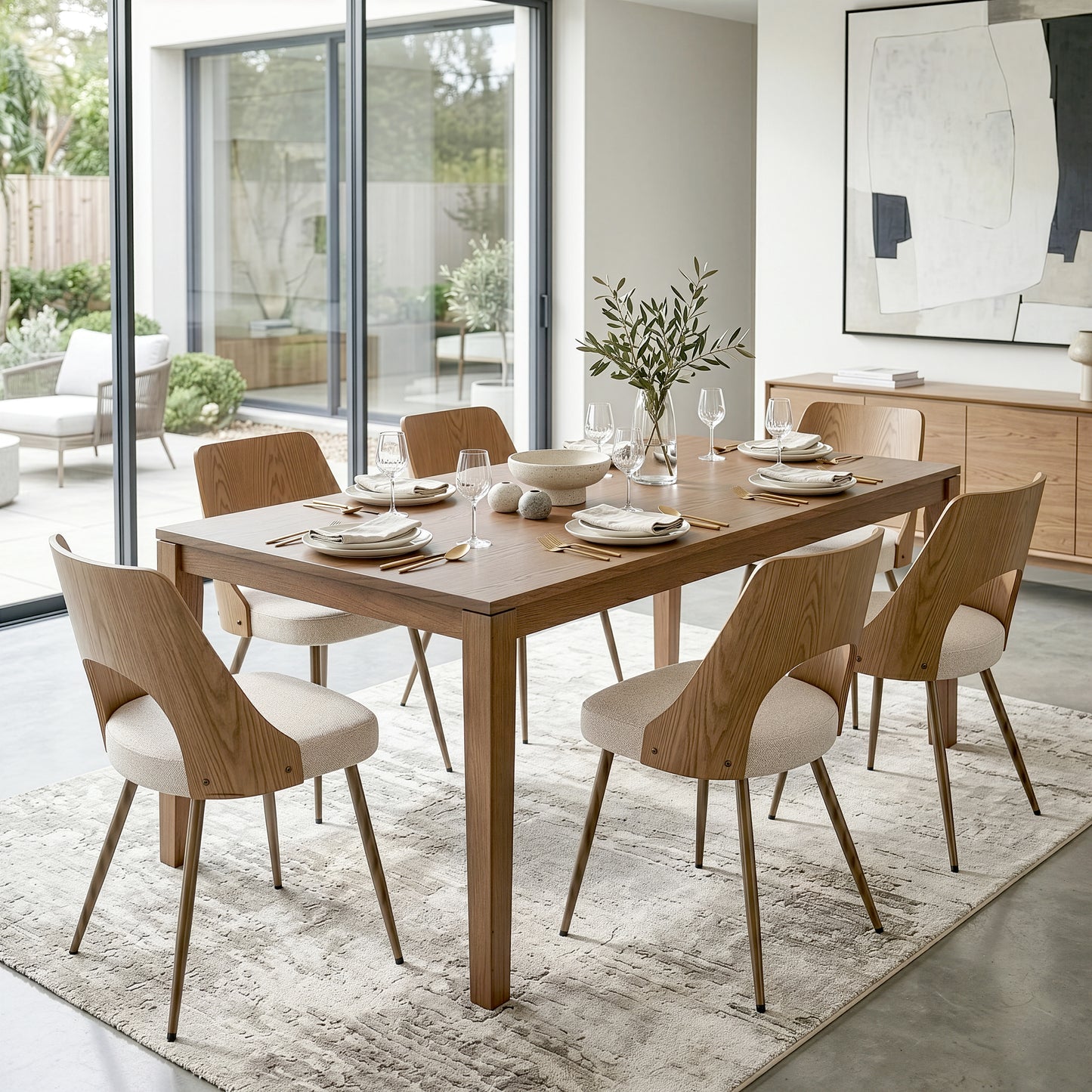 Set of 2 Bernadette Beige Washed Boucle Fabric Dining Chair with Natural Wood Back and Black Iron Legs
