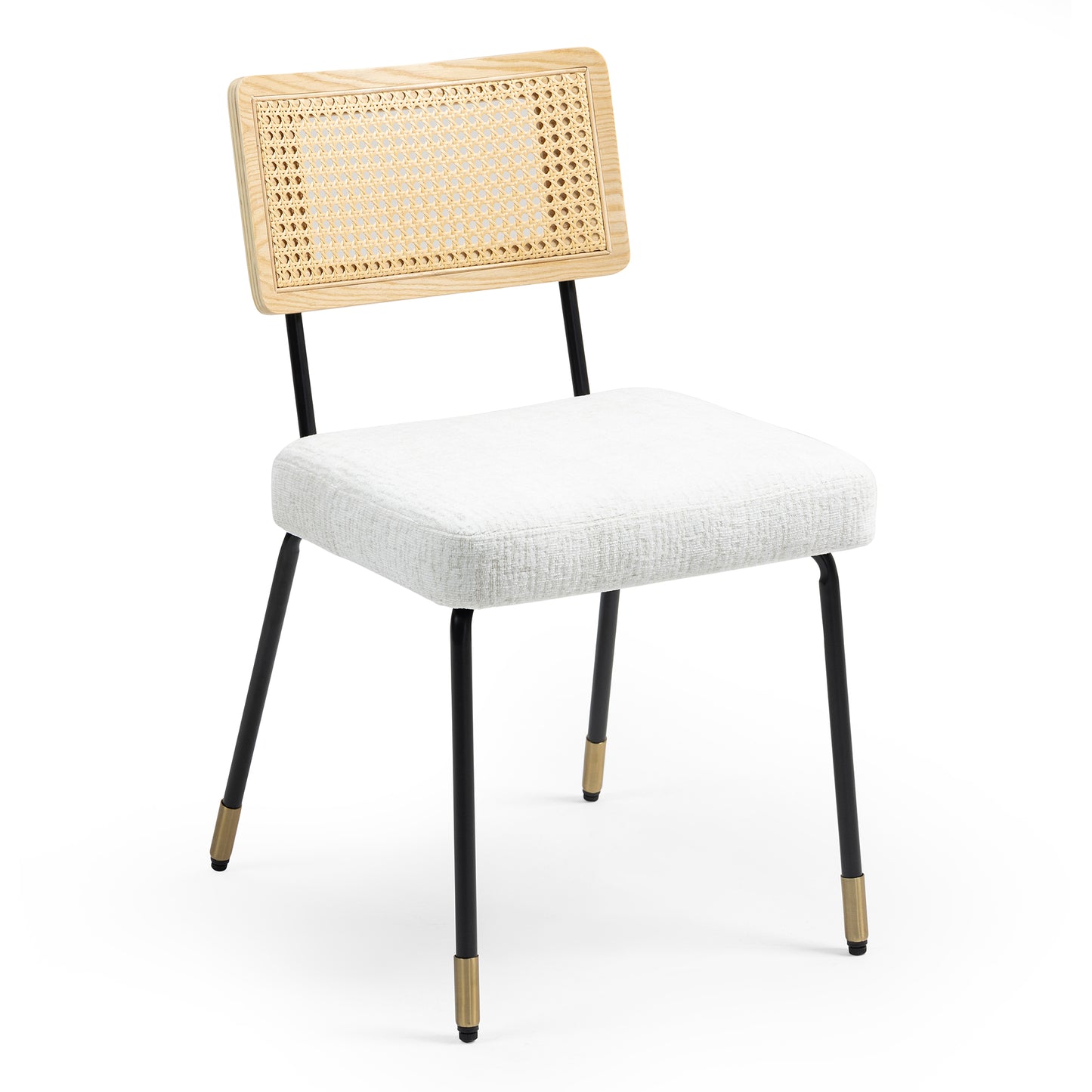 Set of 2 Bethari Beige Woven Fabric Dining Chair with Rattan Backrest and Black Iron Legs with Gold Accents