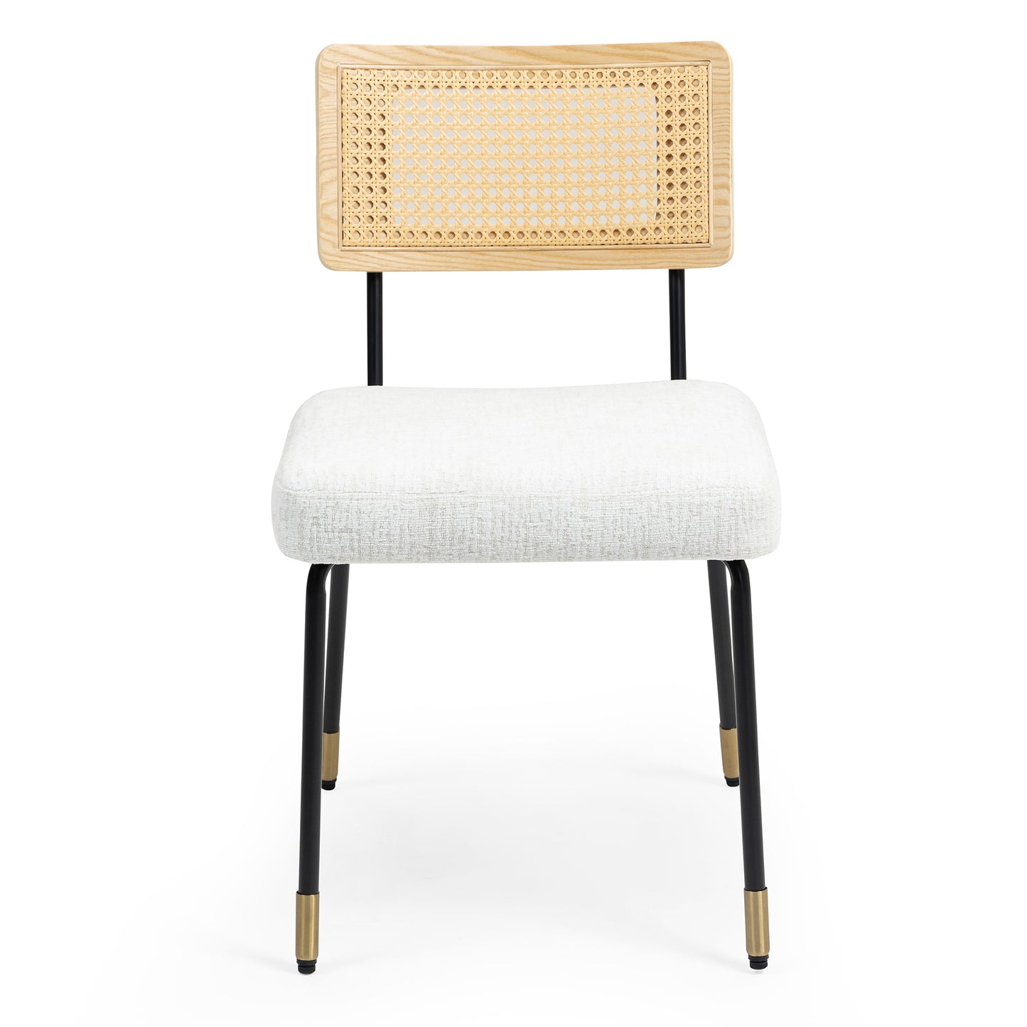 Set of 2 Bethari Beige Woven Fabric Dining Chair with Rattan Backrest and Black Iron Legs with Gold Accents