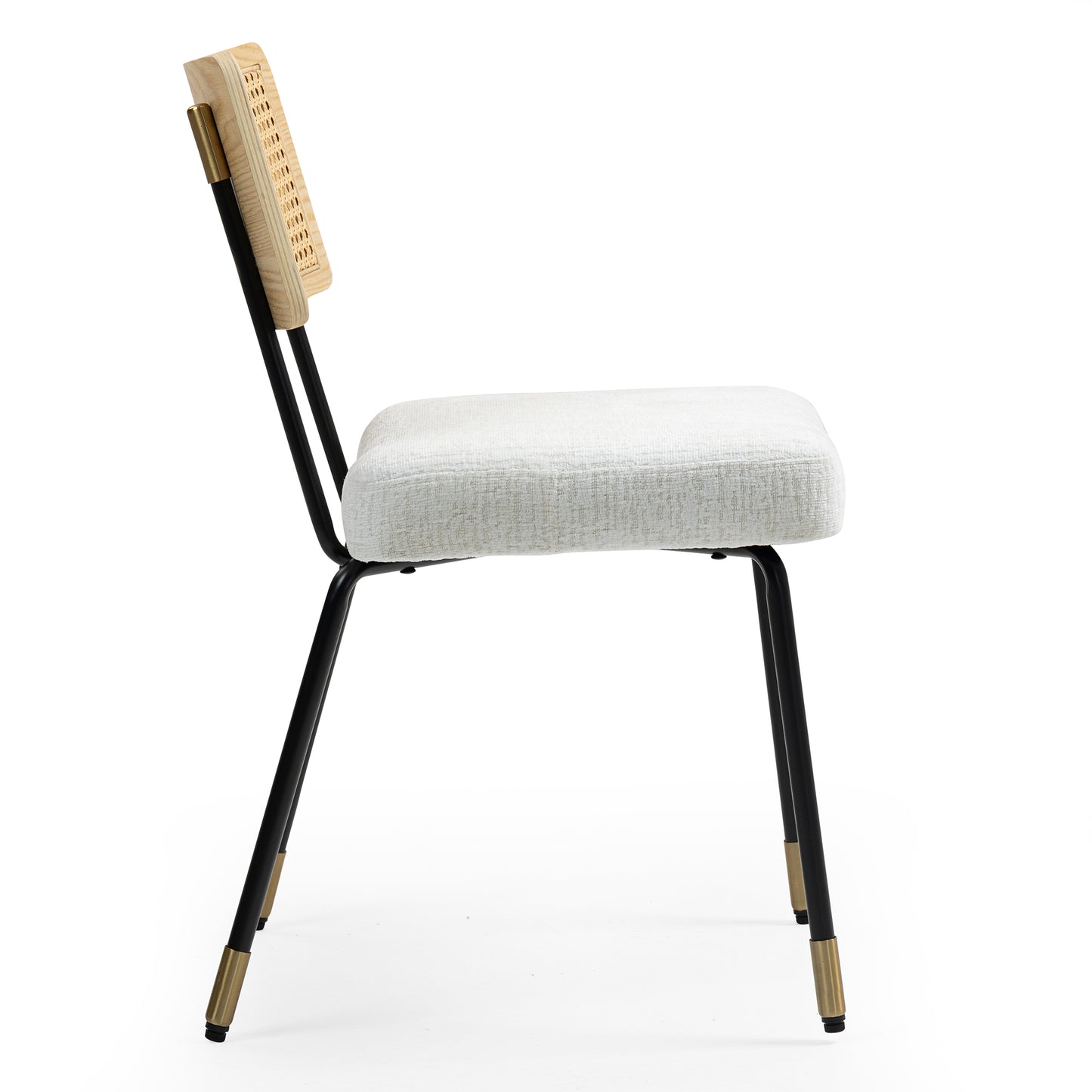 Set of 2 Bethari Beige Woven Fabric Dining Chair with Rattan Backrest and Black Iron Legs with Gold Accents