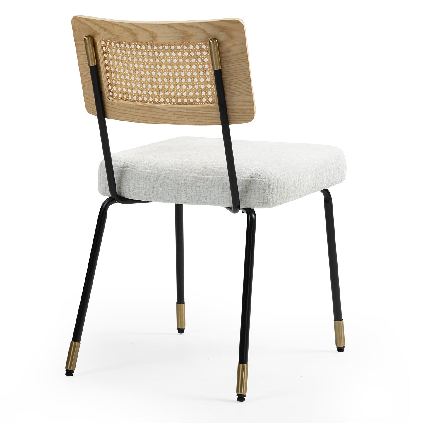 Set of 2 Bethari Beige Woven Fabric Dining Chair with Rattan Backrest and Black Iron Legs with Gold Accents