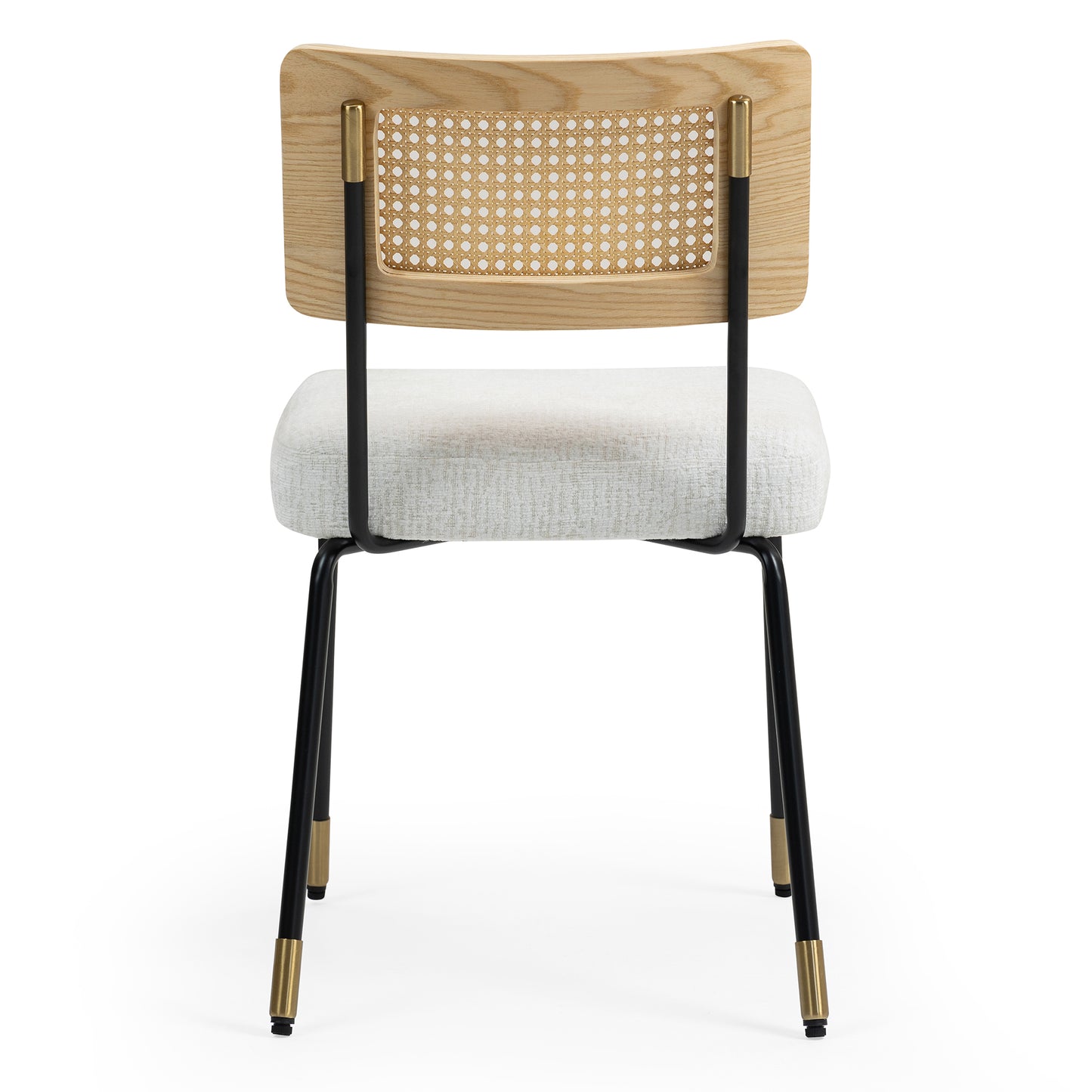 Set of 2 Bethari Beige Woven Fabric Dining Chair with Rattan Backrest and Black Iron Legs with Gold Accents
