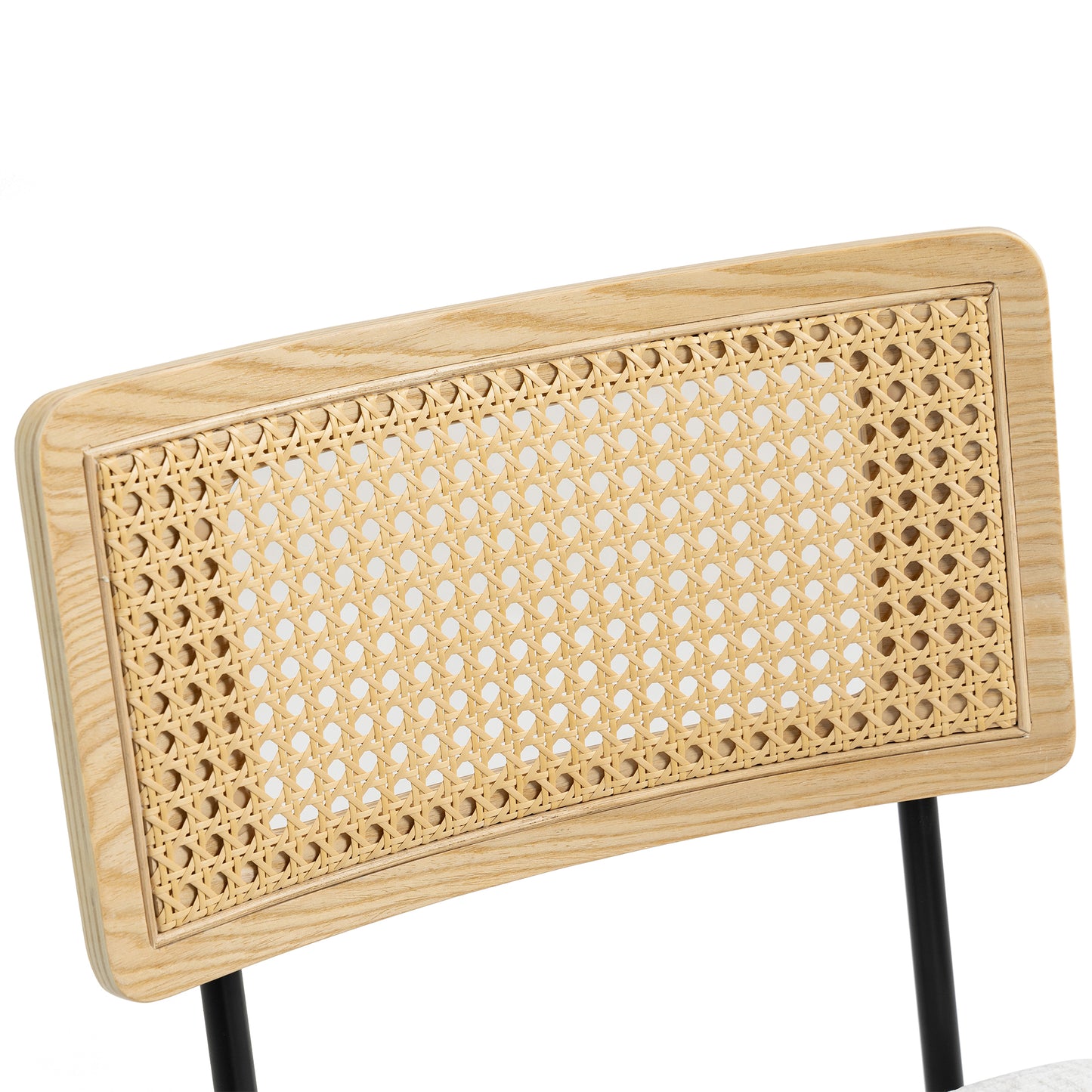 Set of 2 Bethari Beige Woven Fabric Dining Chair with Rattan Backrest and Black Iron Legs with Gold Accents