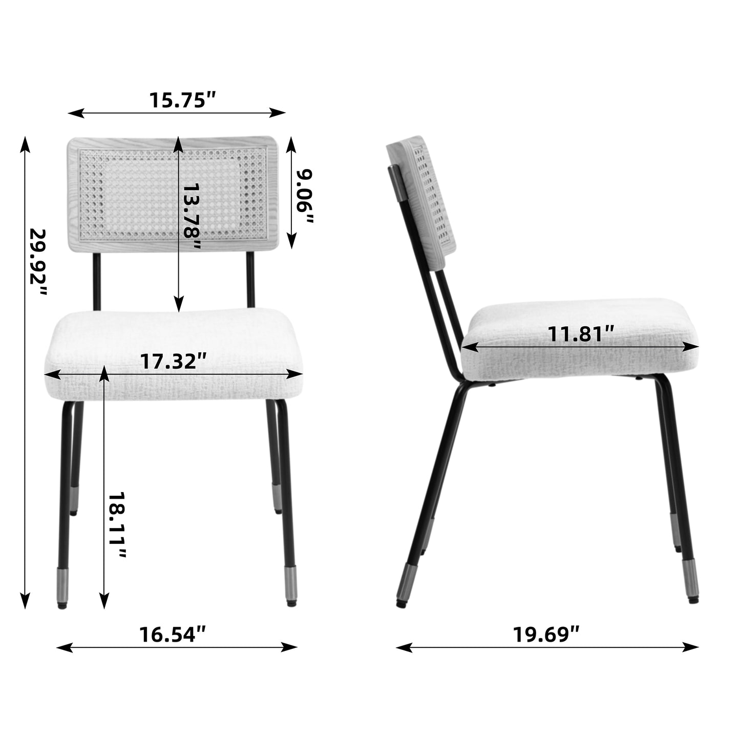 Set of 2 Bethari Beige Woven Fabric Dining Chair with Rattan Backrest and Black Iron Legs with Gold Accents