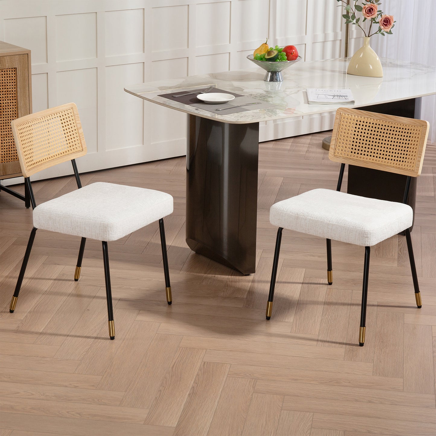 Set of 2 Bethari Beige Woven Fabric Dining Chair with Rattan Backrest and Black Iron Legs with Gold Accents