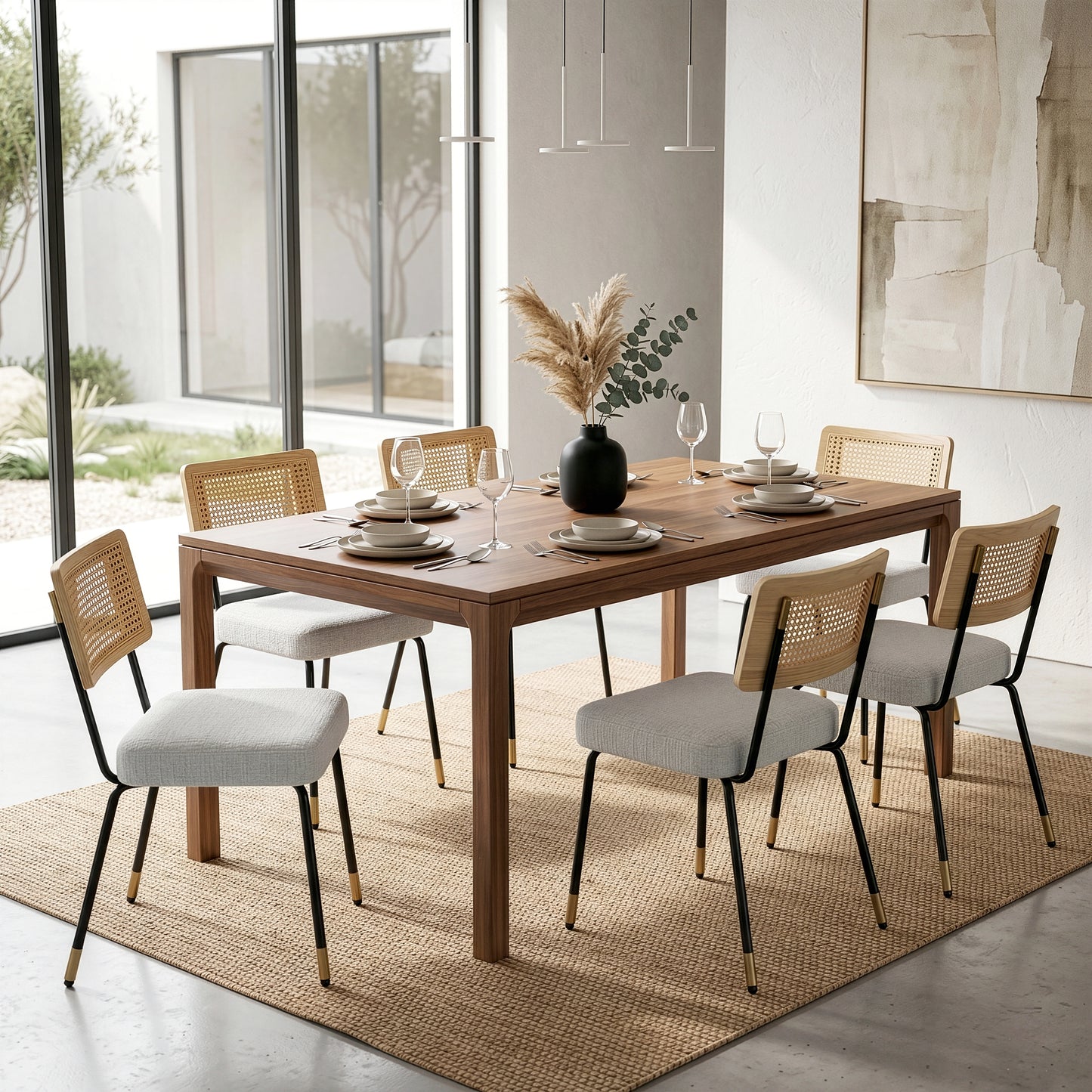Set of 2 Bethari Beige Woven Fabric Dining Chair with Rattan Backrest and Black Iron Legs with Gold Accents