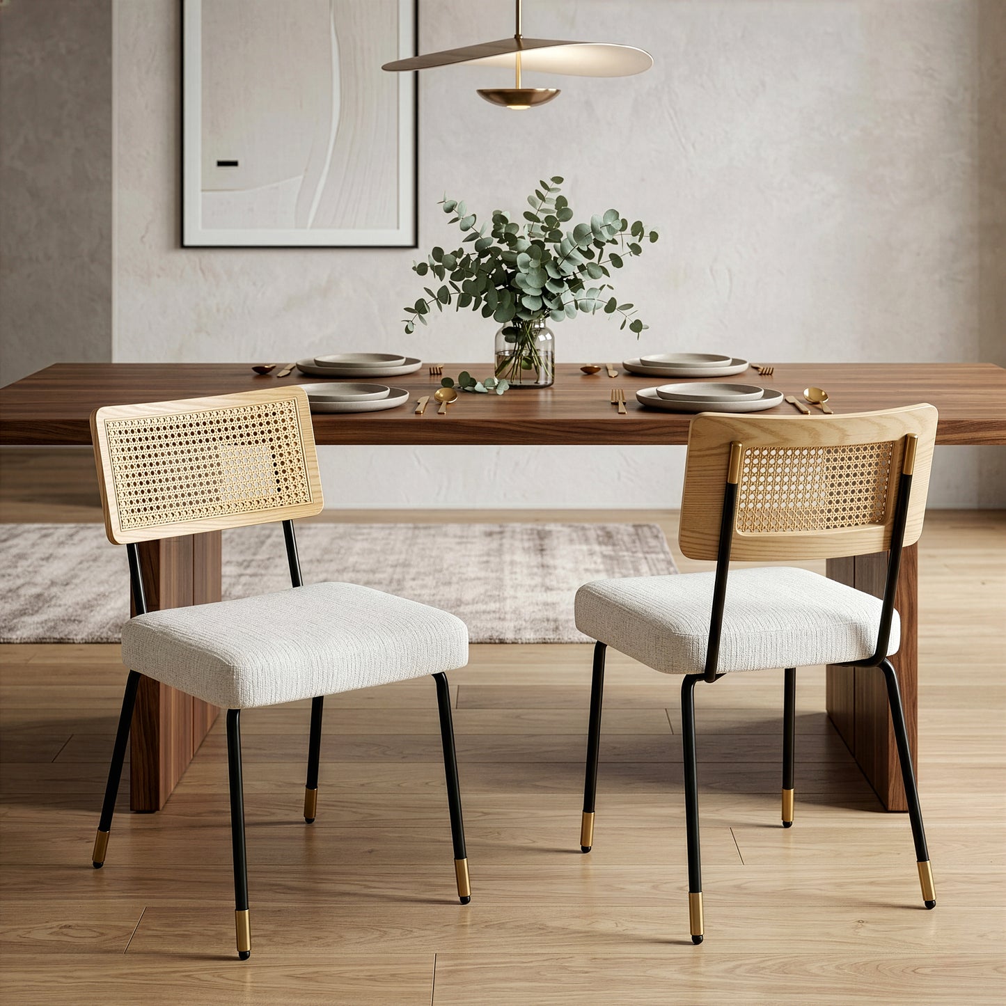 Set of 2 Bethari Beige Woven Fabric Dining Chair with Rattan Backrest and Black Iron Legs with Gold Accents