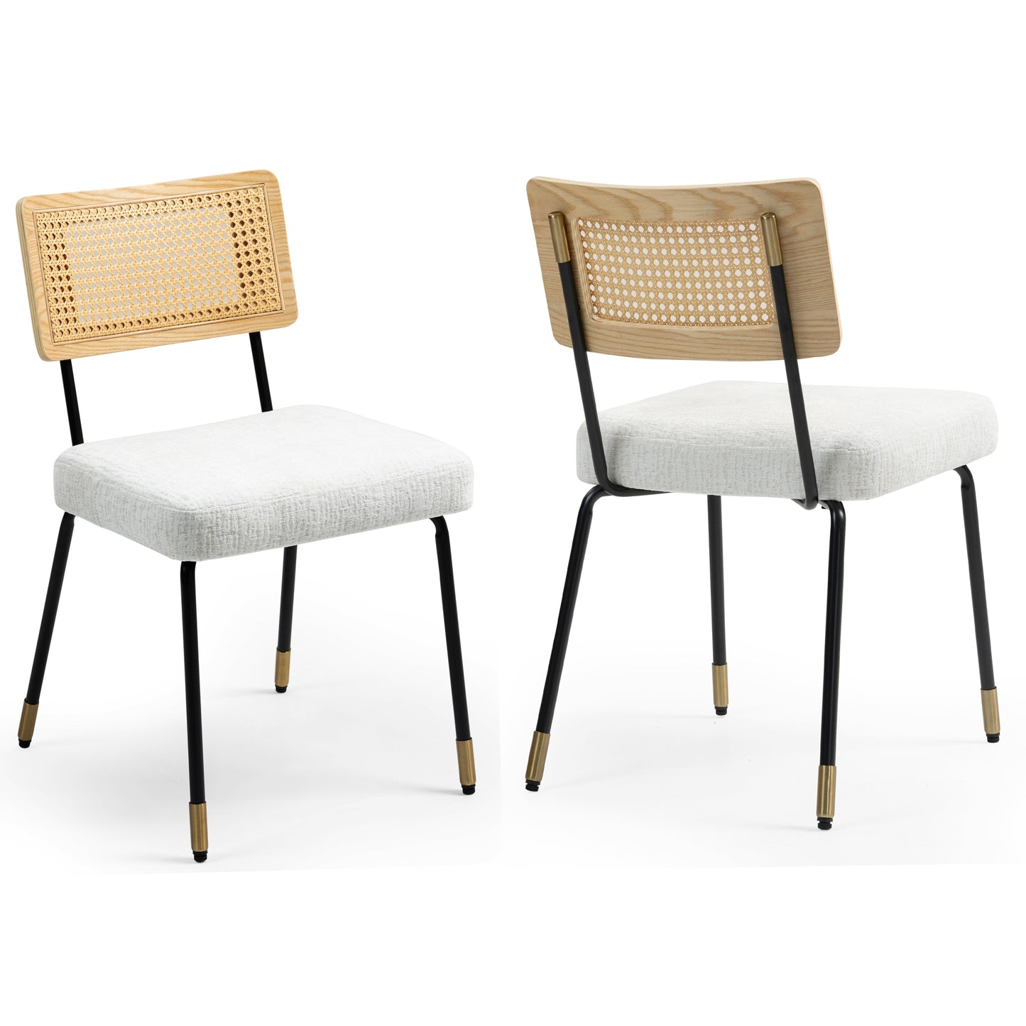 Set of 2 Bethari Beige Woven Fabric Dining Chair with Rattan Backrest and Black Iron Legs with Gold Accents