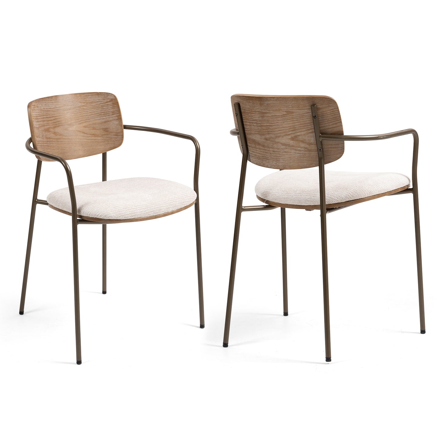 Set of 2 Bernadine Beige Washed Woven Fabric Dining Chair with Natural Wood Back and Iron Arms and Legs