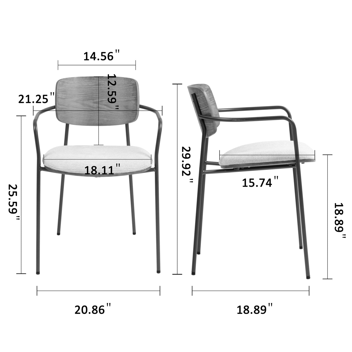 Set of 2 Bernadine Beige Washed Woven Fabric Dining Chair with Natural Wood Back and Iron Arms and Legs