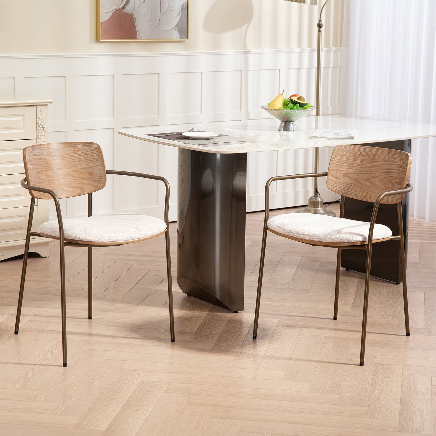 Set of 2 Bernadine Beige Washed Woven Fabric Dining Chair with Natural Wood Back and Iron Arms and Legs