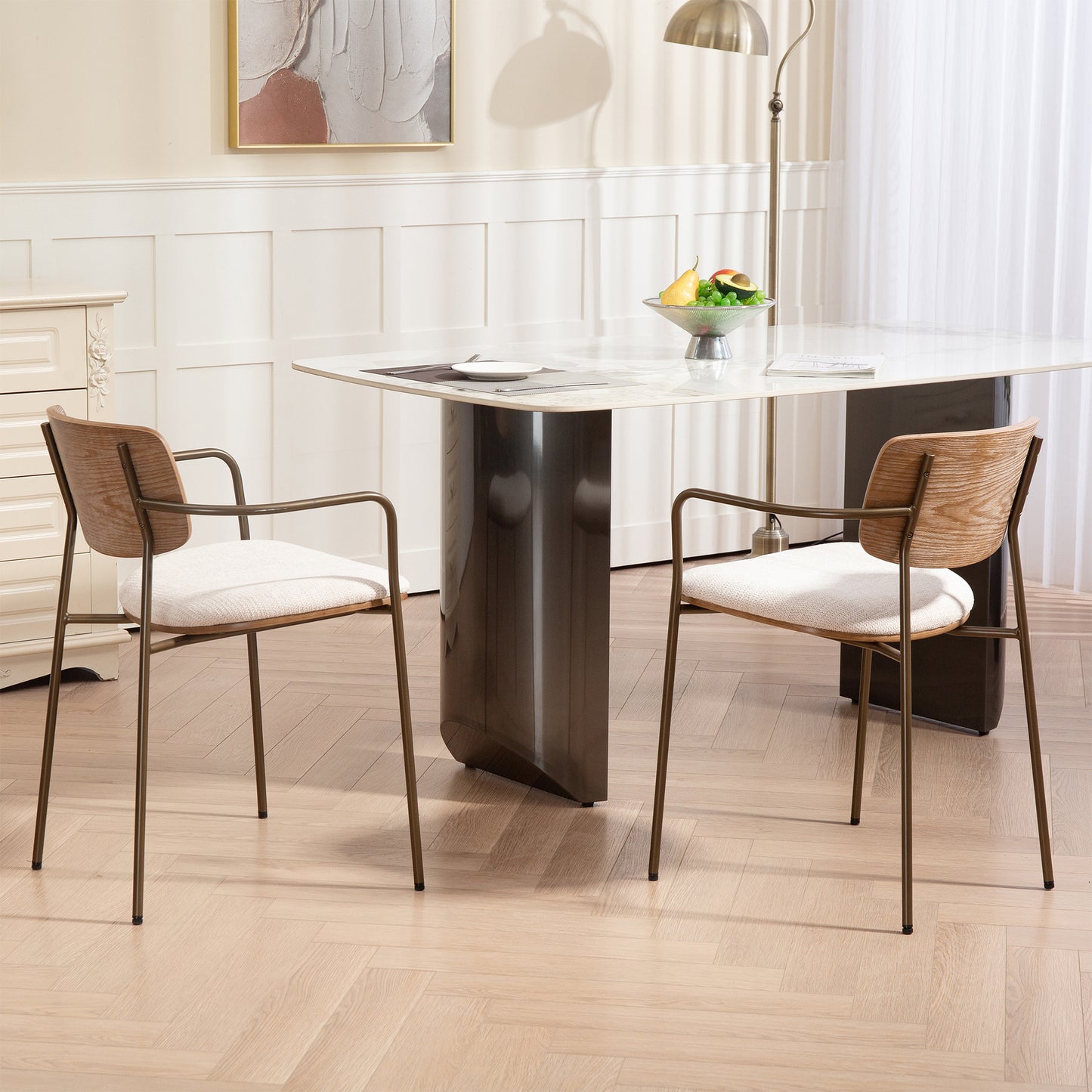 Set of 2 Bernadine Beige Washed Woven Fabric Dining Chair with Natural Wood Back and Iron Arms and Legs