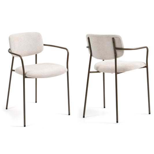 Set of 2 Bernard Beige Washed Woven Fabric Dining Chair with Iron Arms and Legs