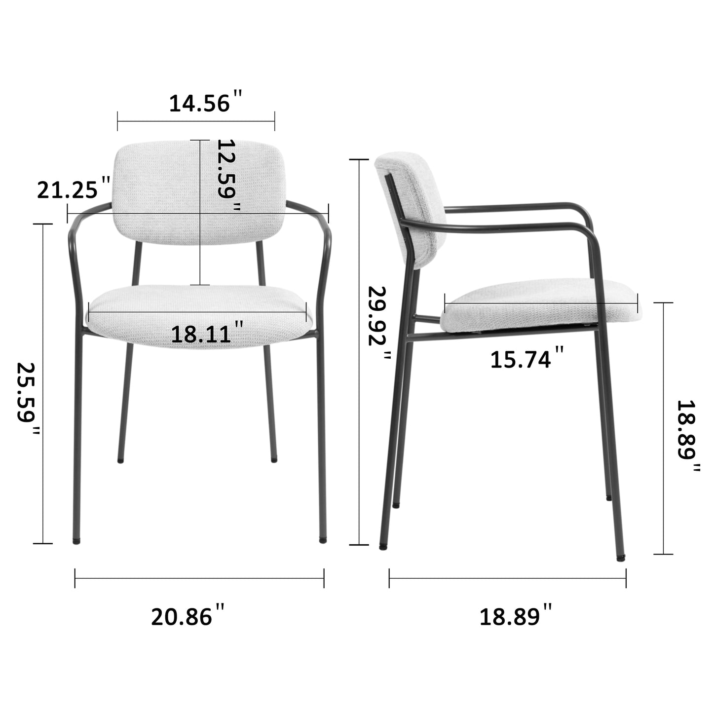 Set of 2 Bernard Beige Washed Woven Fabric Dining Chair with Iron Arms and Legs