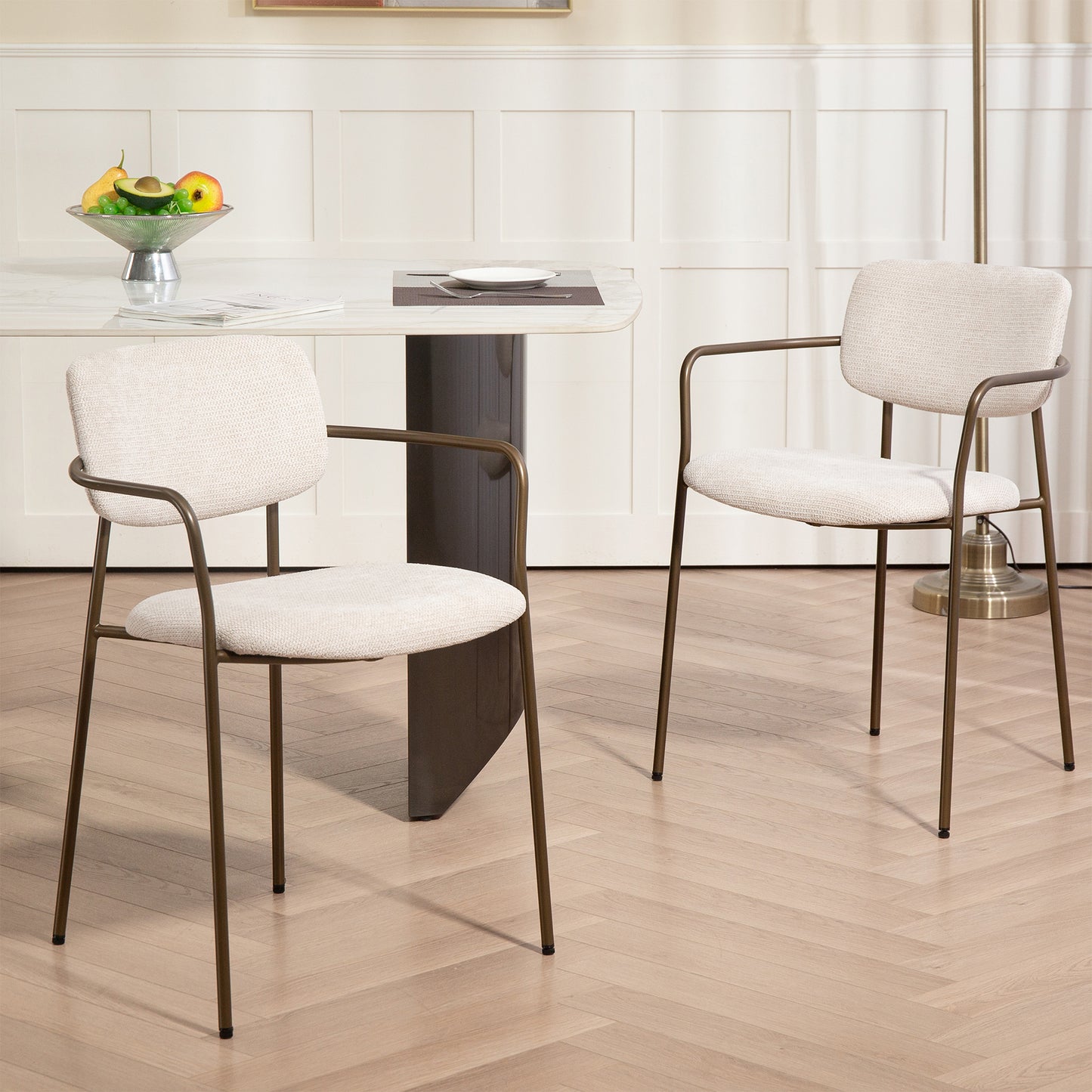 Set of 2 Bernard Beige Washed Woven Fabric Dining Chair with Iron Arms and Legs