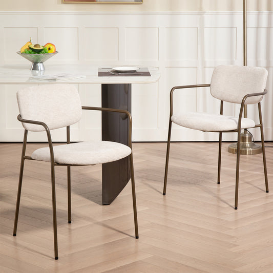 Set of 2 Bernard Beige Washed Woven Fabric Dining Chair with Iron Arms and Legs