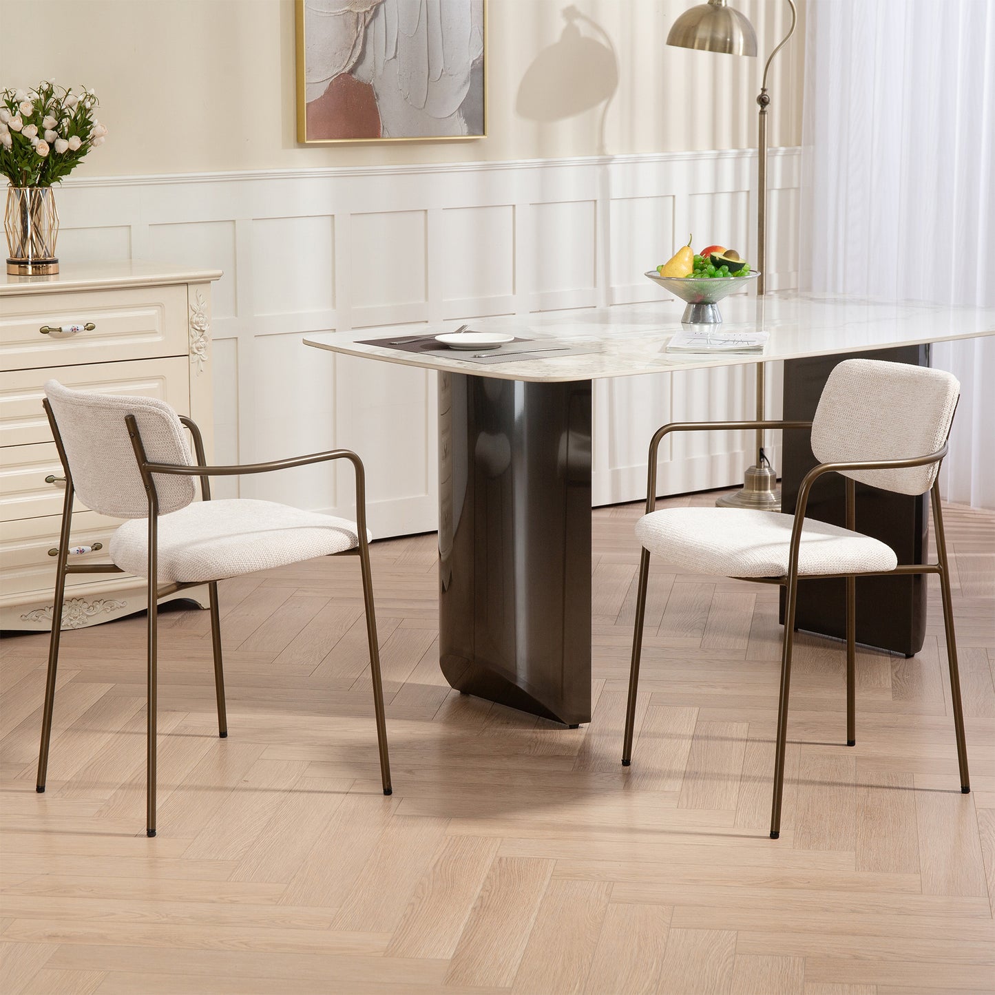 Set of 2 Bernard Beige Washed Woven Fabric Dining Chair with Iron Arms and Legs