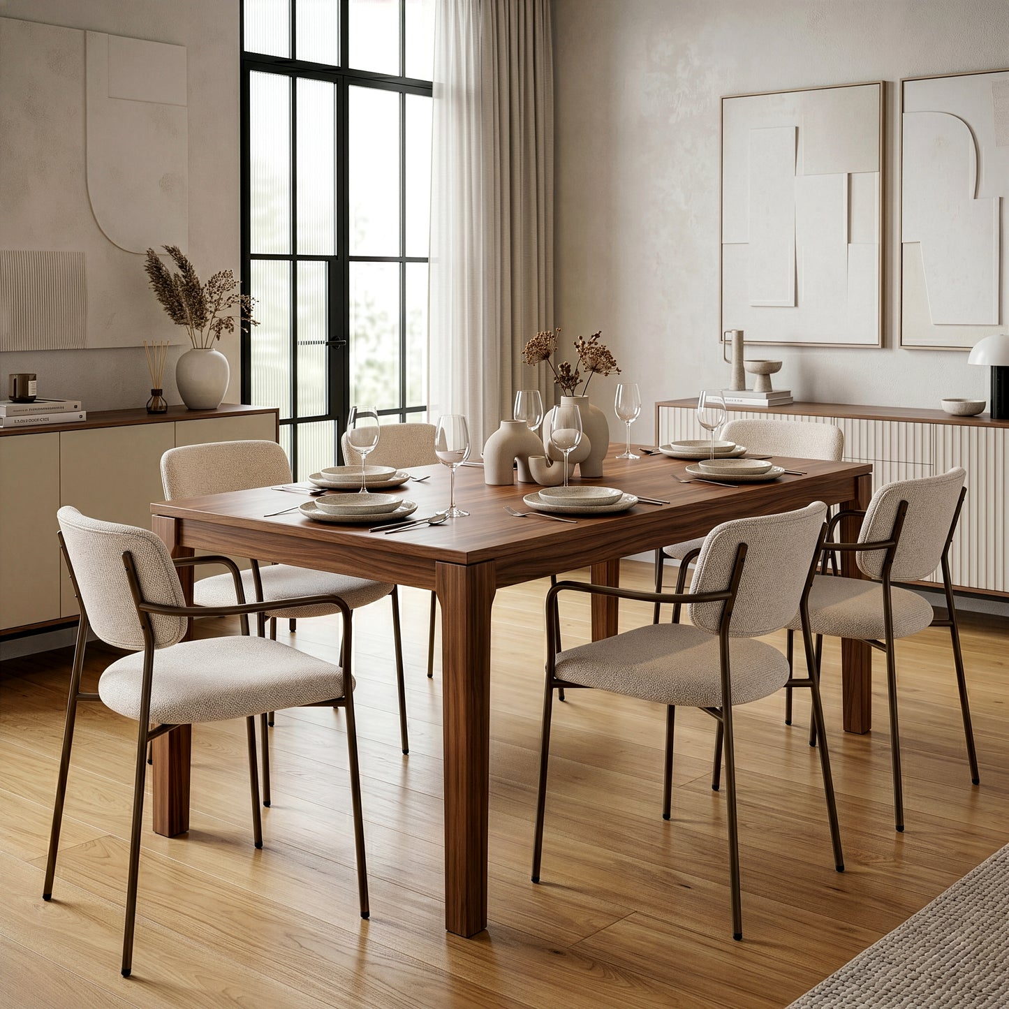 Set of 2 Bernard Beige Washed Woven Fabric Dining Chair with Iron Arms and Legs