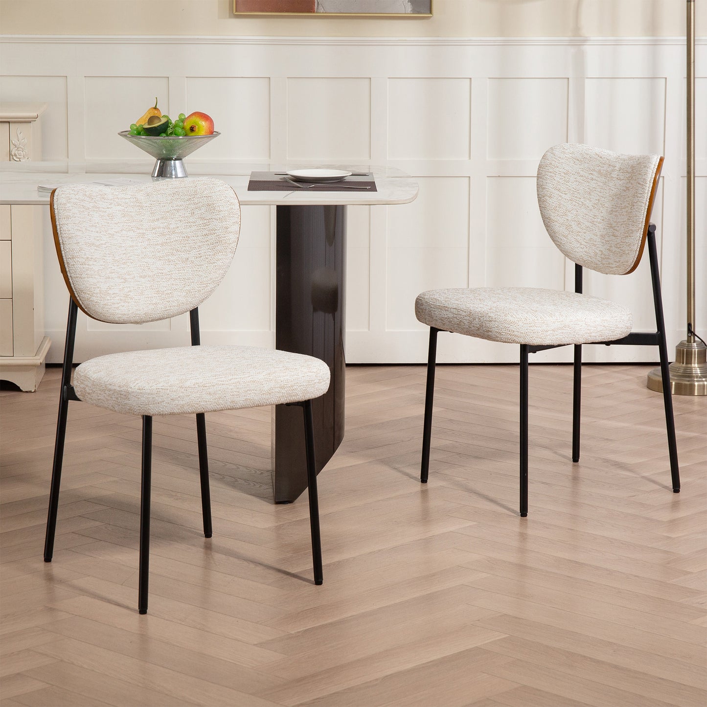 Set of 2 Bethel Beige Washed Woven Fabric Dining Chair with Black Metal Legs