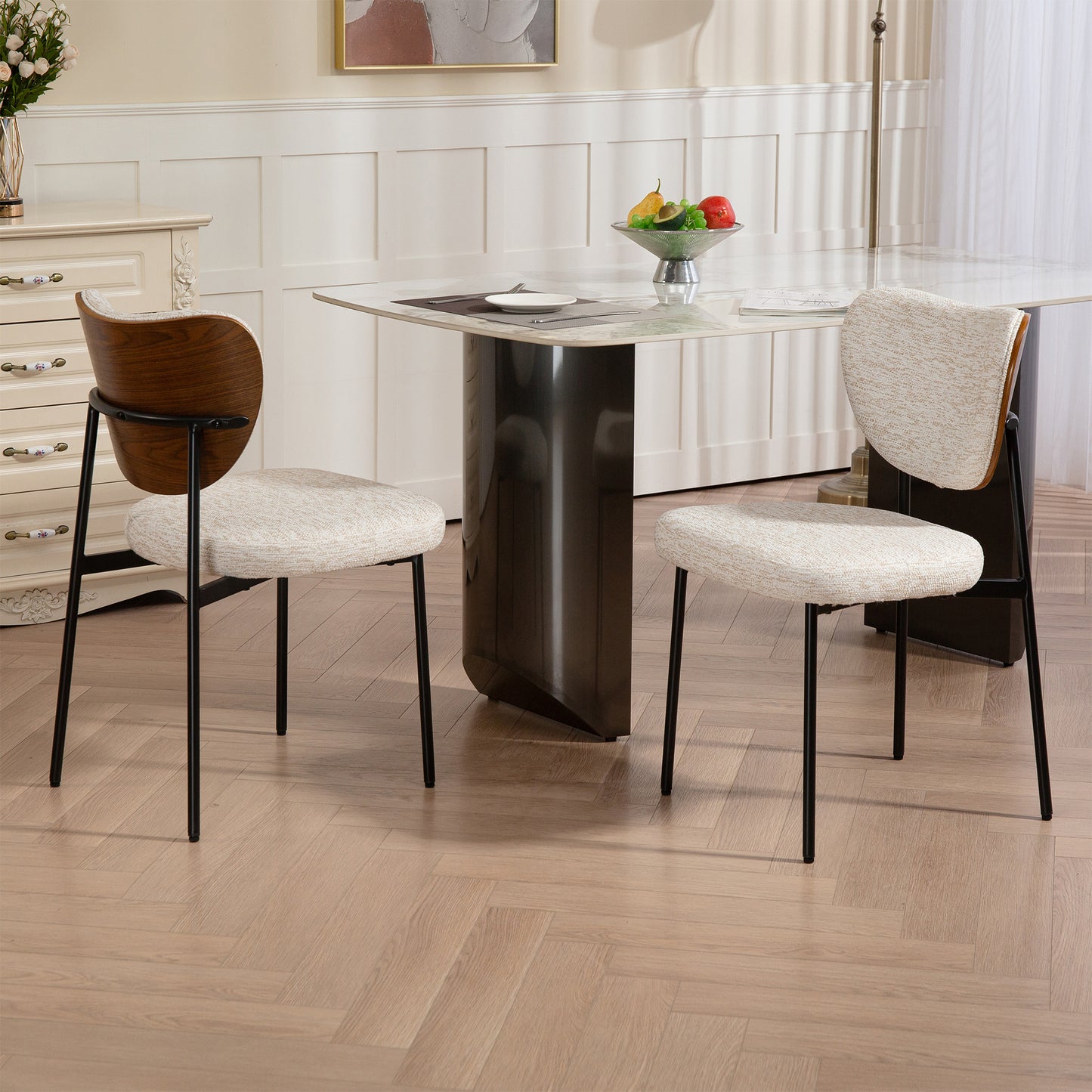 Set of 2 Bethel Beige Washed Woven Fabric Dining Chair with Black Metal Legs