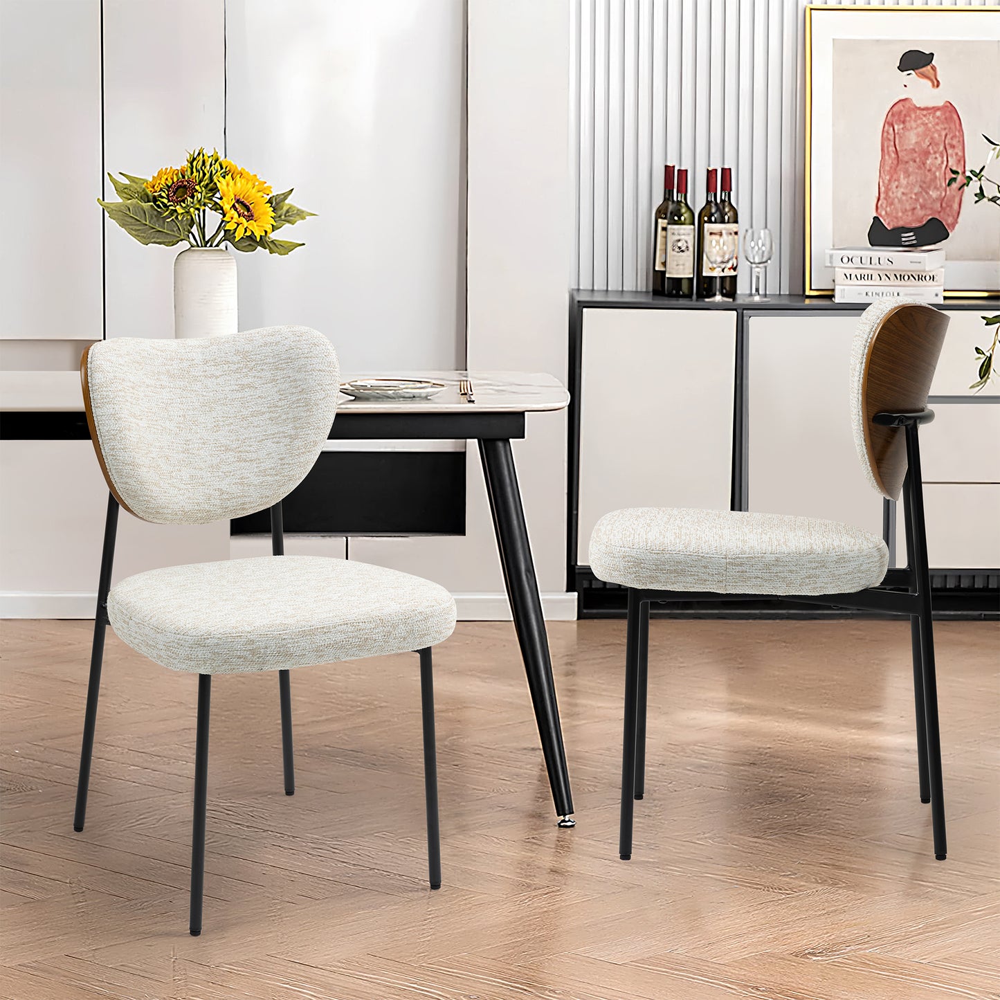 Set of 2 Bethel Beige Washed Woven Fabric Dining Chair with Black Metal Legs