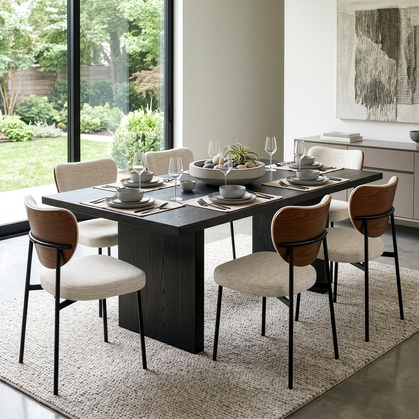 Set of 2 Bethel Beige Washed Woven Fabric Dining Chair with Black Metal Legs