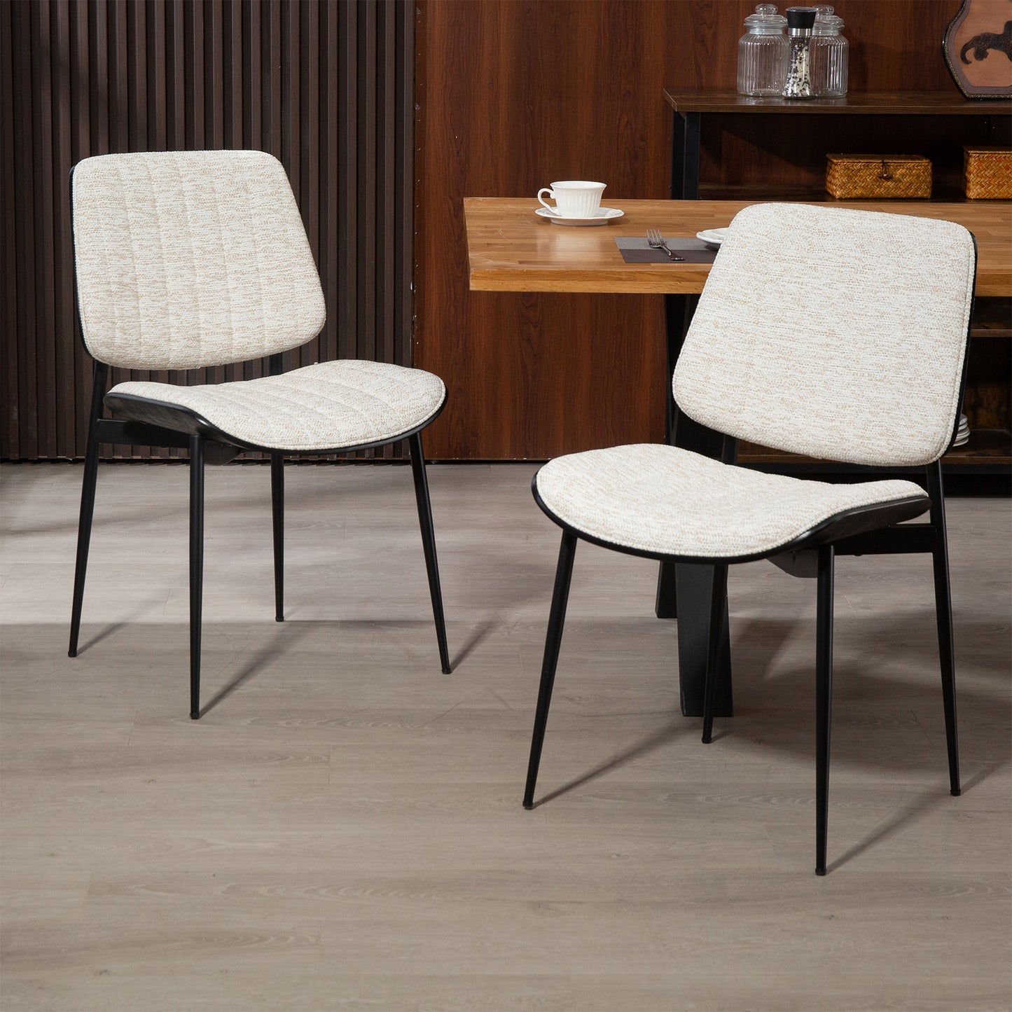 Set of 2 Bethwyn Beige Woven Fabric Dining Chair with Black Washed Wood Back and Black Metal Legs