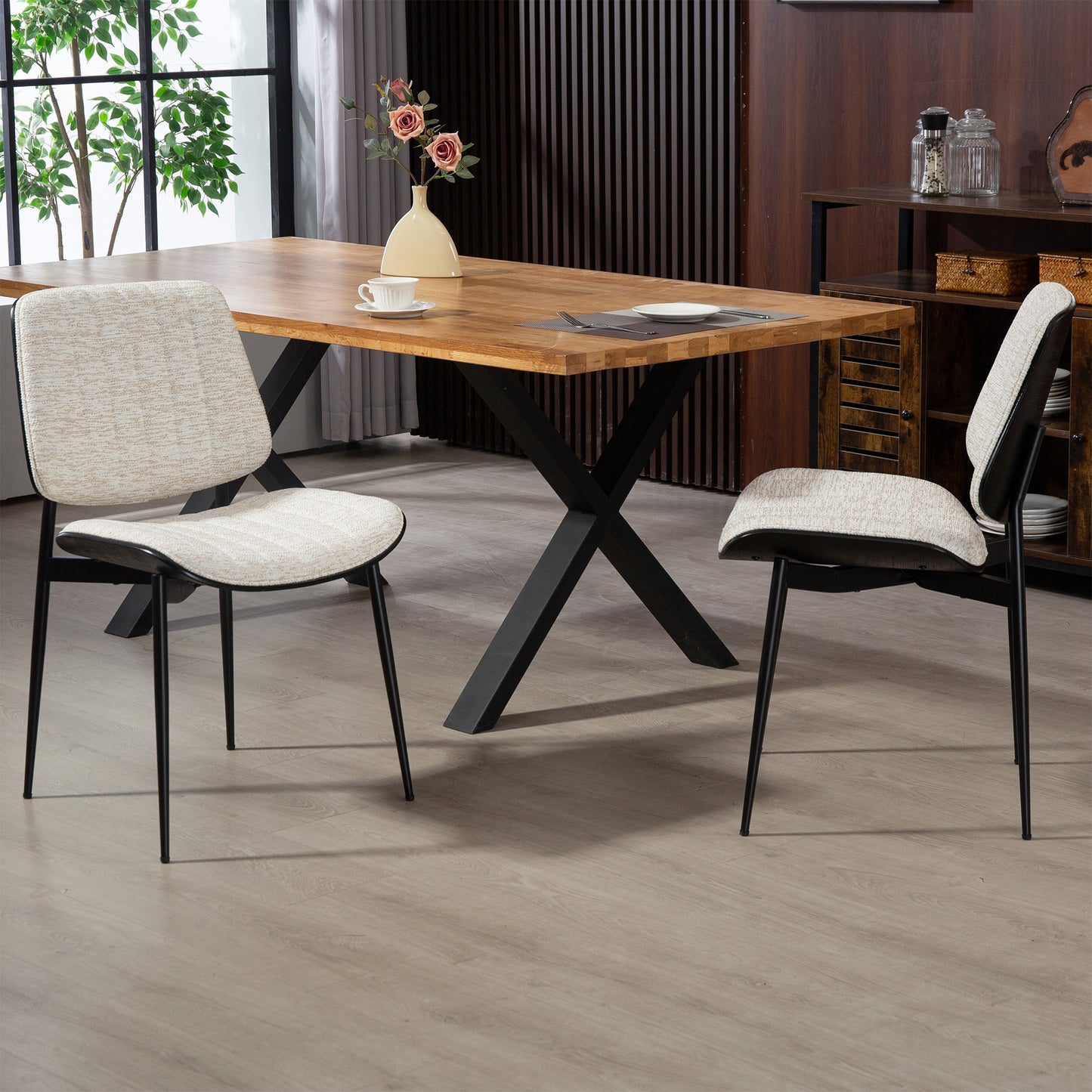 Set of 2 Bethwyn Beige Woven Fabric Dining Chair with Black Washed Wood Back and Black Metal Legs