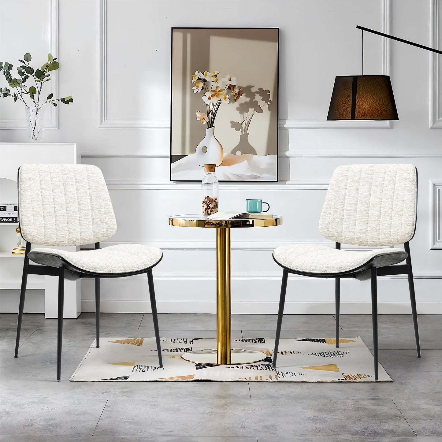 Set of 2 Bethwyn Beige Woven Fabric Dining Chair with Black Washed Wood Back and Black Metal Legs