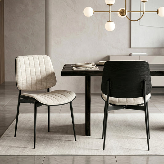 Set of 2 Bethwyn Beige Woven Fabric Dining Chair with Black Washed Wood Back and Black Metal Legs