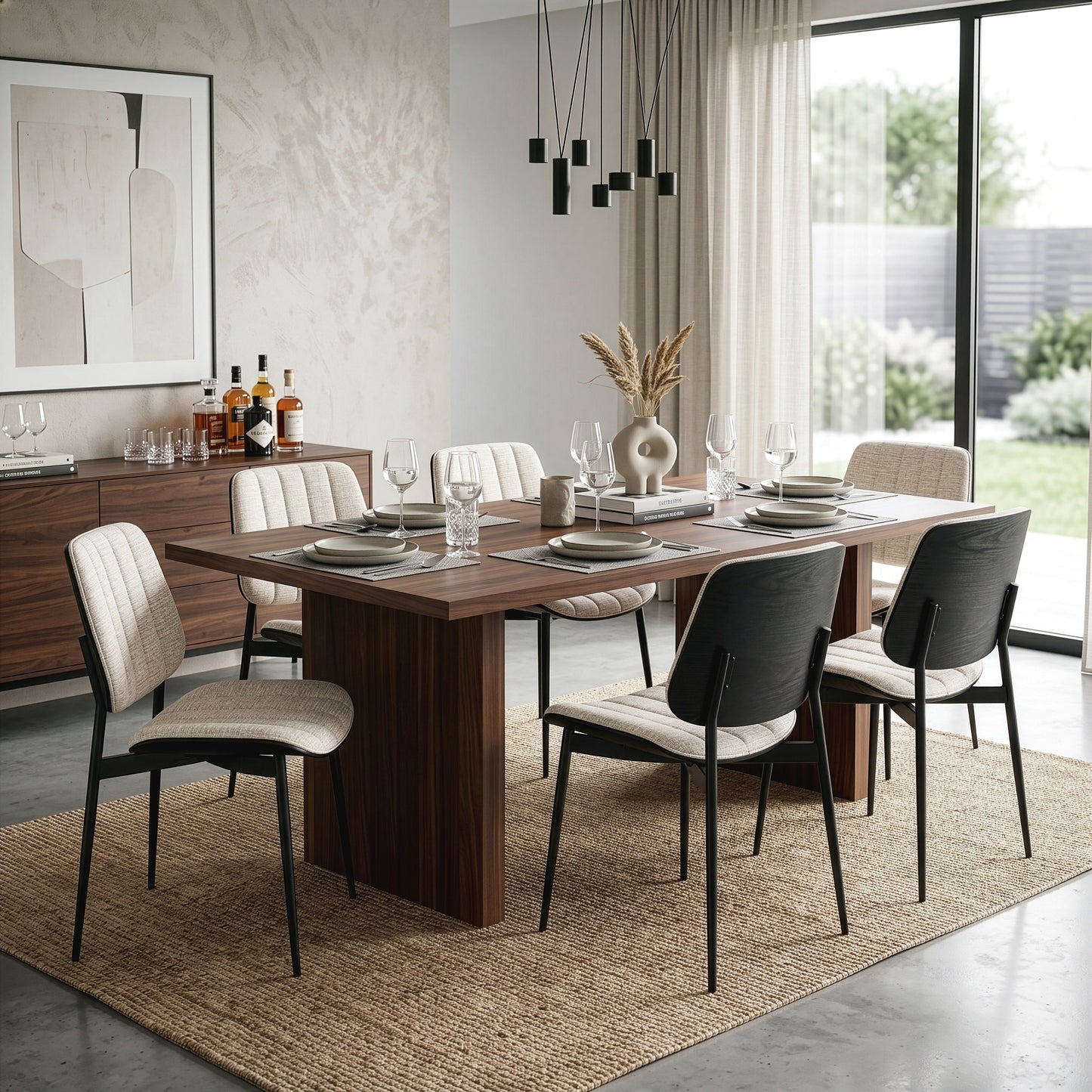 Set of 2 Bethwyn Beige Woven Fabric Dining Chair with Black Washed Wood Back and Black Metal Legs
