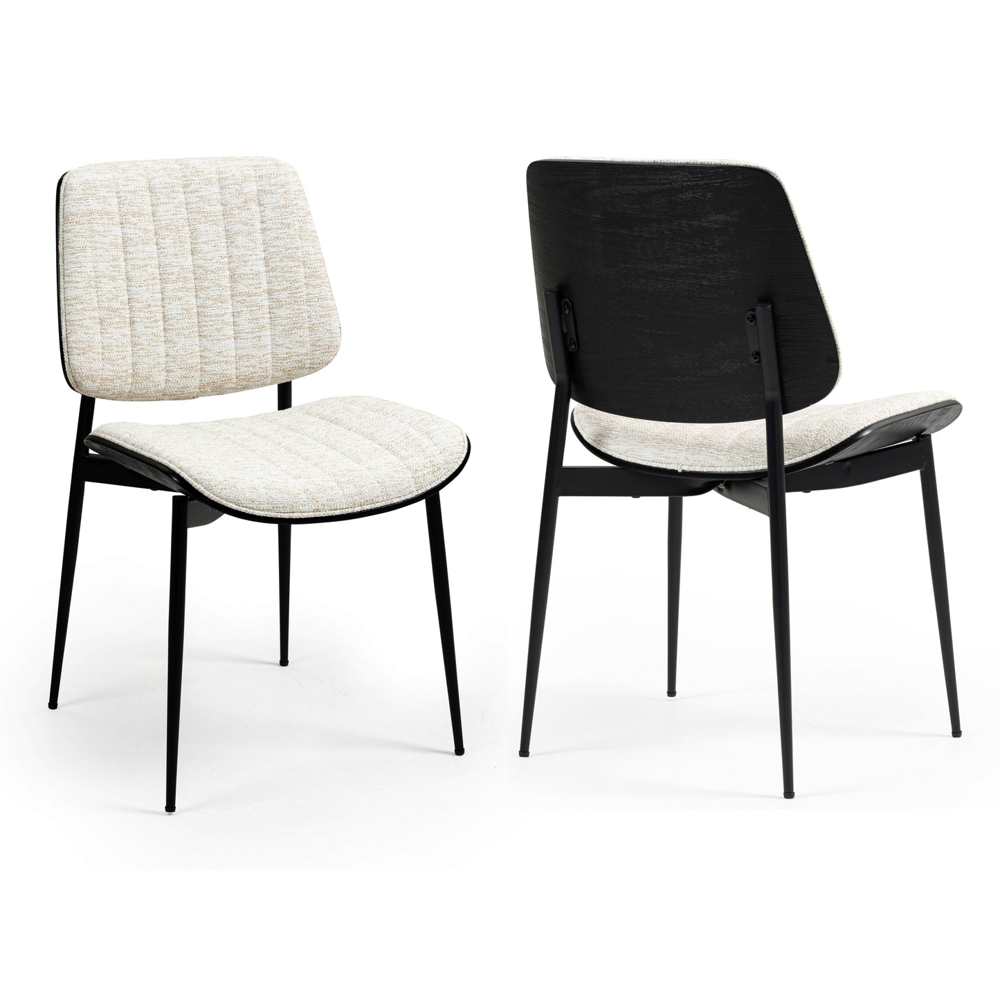 Set of 2 Bethwyn Beige Woven Fabric Dining Chair with Black Washed Wood Back and Black Metal Legs