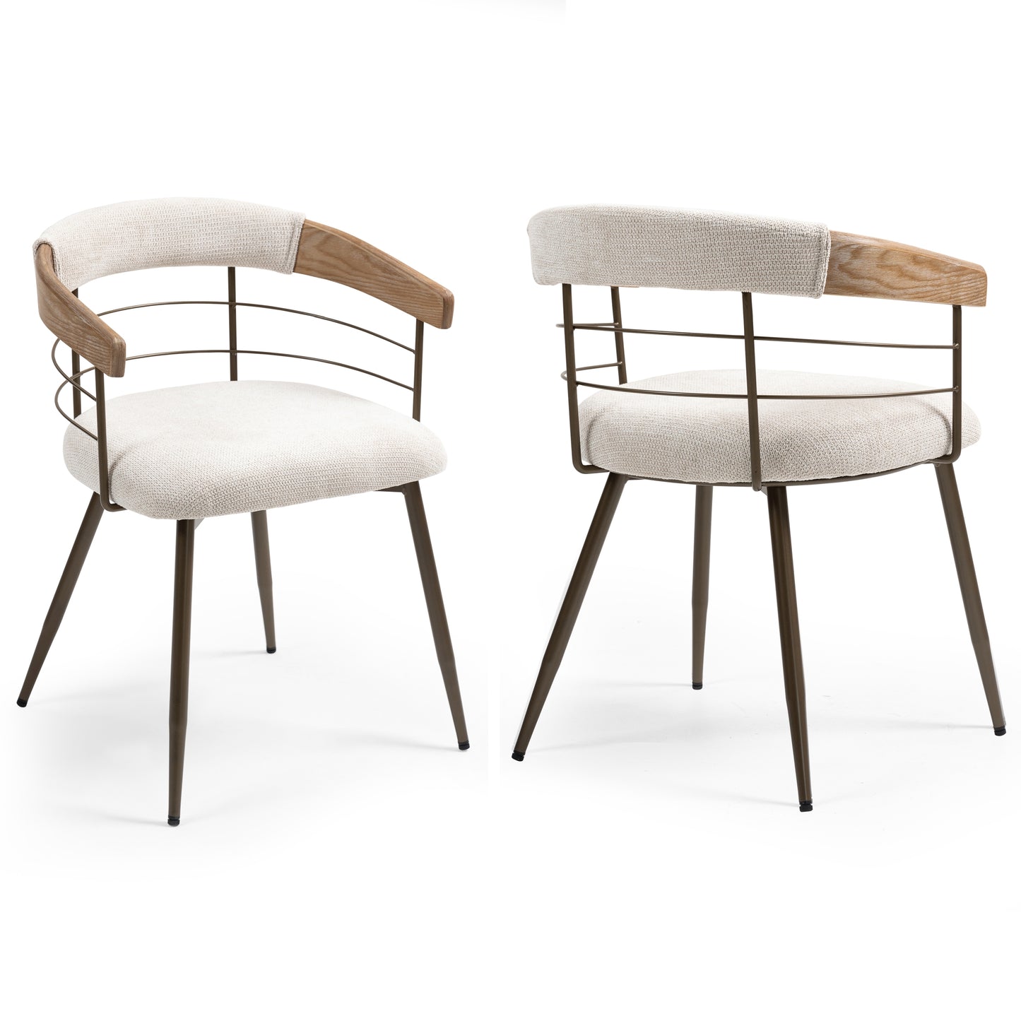 Set of 2 Betsy Beige Washed Woven Fabric Dining Chair with Natural Wood Arms and Copper Iron Legs