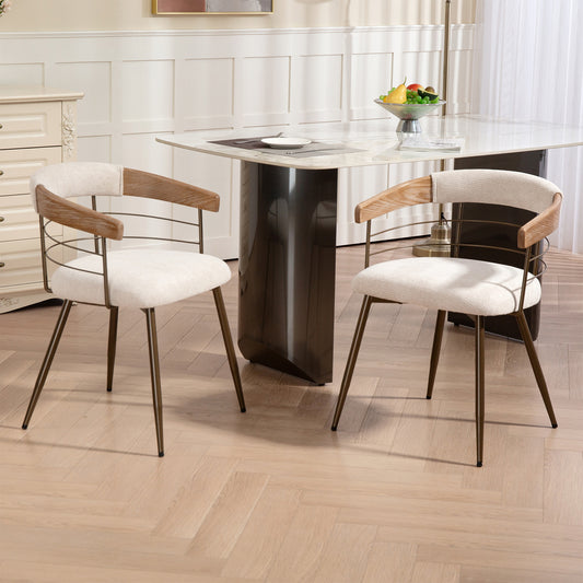 Set of 2 Betsy Beige Washed Woven Fabric Dining Chair with Natural Wood Arms and Copper Iron Legs