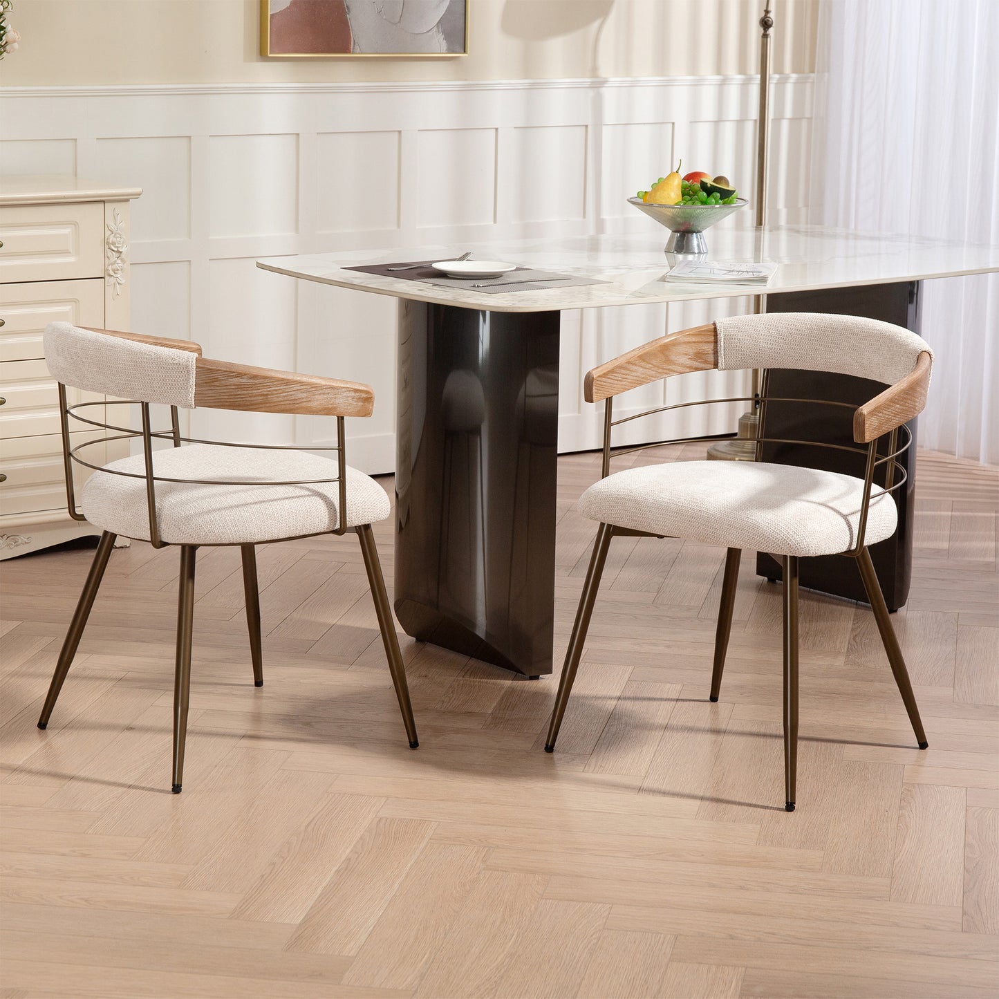 Set of 2 Betsy Beige Washed Woven Fabric Dining Chair with Natural Wood Arms and Copper Iron Legs